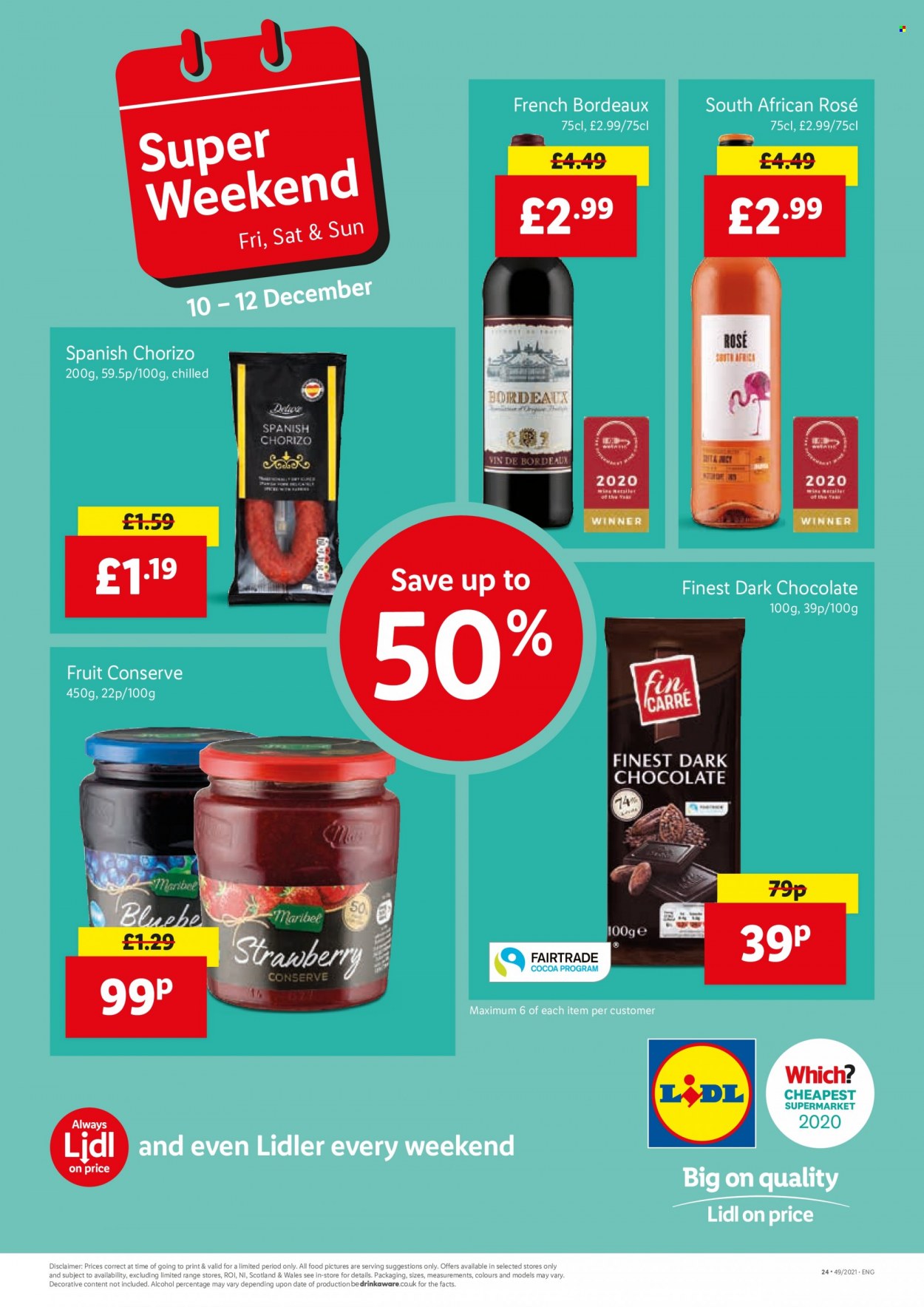 thumbnail - Lidl offer  - 09/12/2021 - 15/12/2021 - Sales products - alcohol, chorizo, chocolate, dark chocolate, cocoa, wine, rosé wine. Page 24.