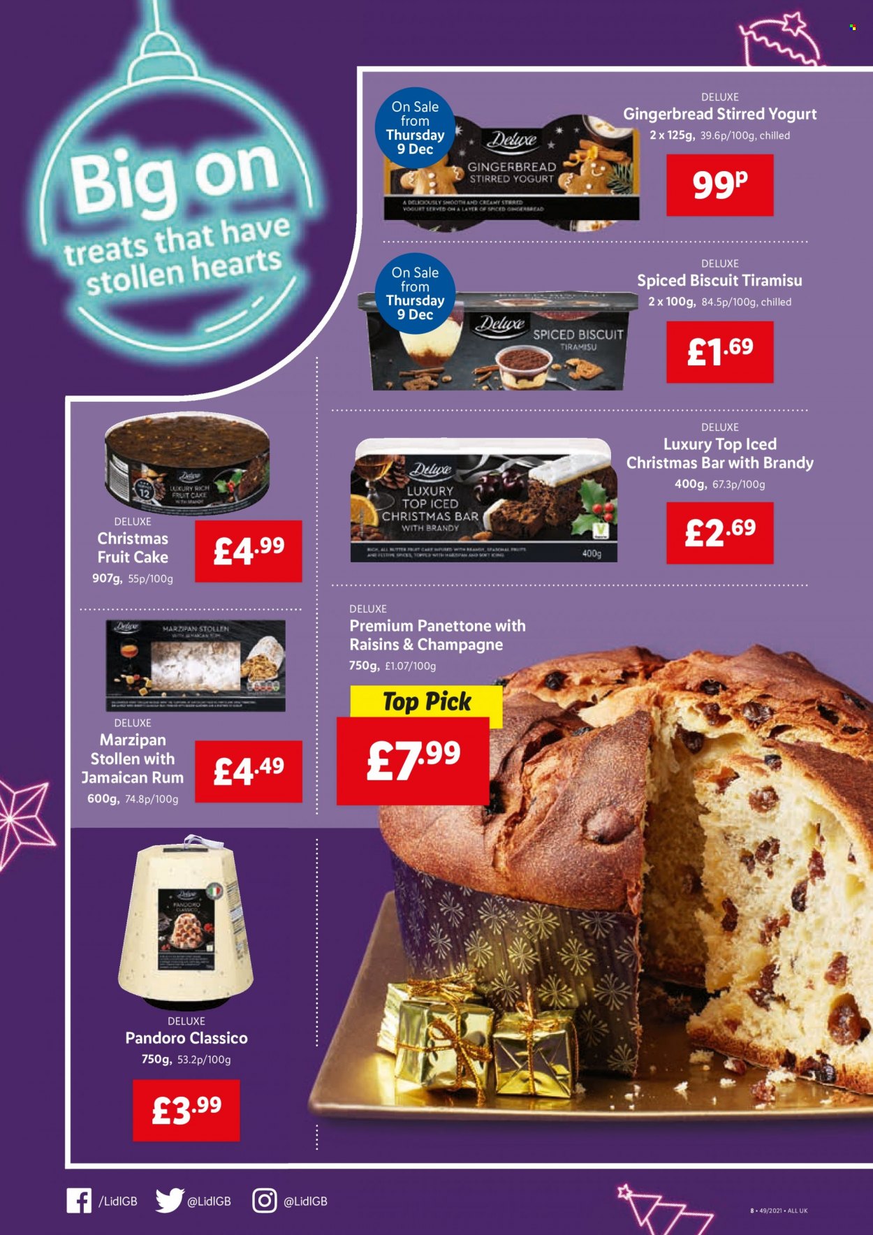 thumbnail - Lidl offer  - 09/12/2021 - 15/12/2021 - Sales products - Sony, cake, gingerbread, marzipan stollen, stollen, panettone, christmas cake, tiramisu, pandoro, yoghurt, biscuit, bars, dried fruit, brandy, rum. Page 4.