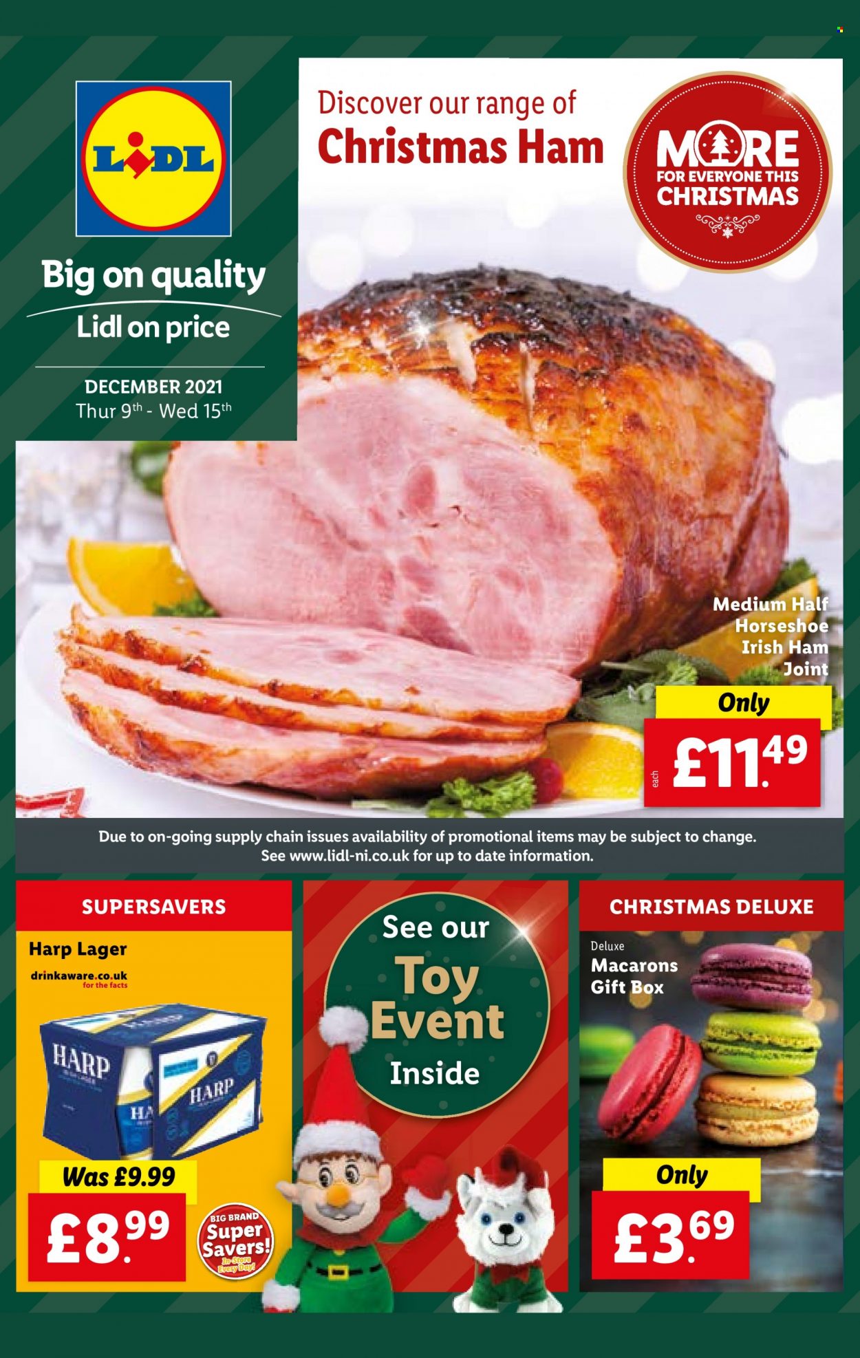 Lidl offer  - 9.12.2021 - 15.12.2021 - Sales products - beer, Lager, macaroons, ham, gift box, toys. Page 1.