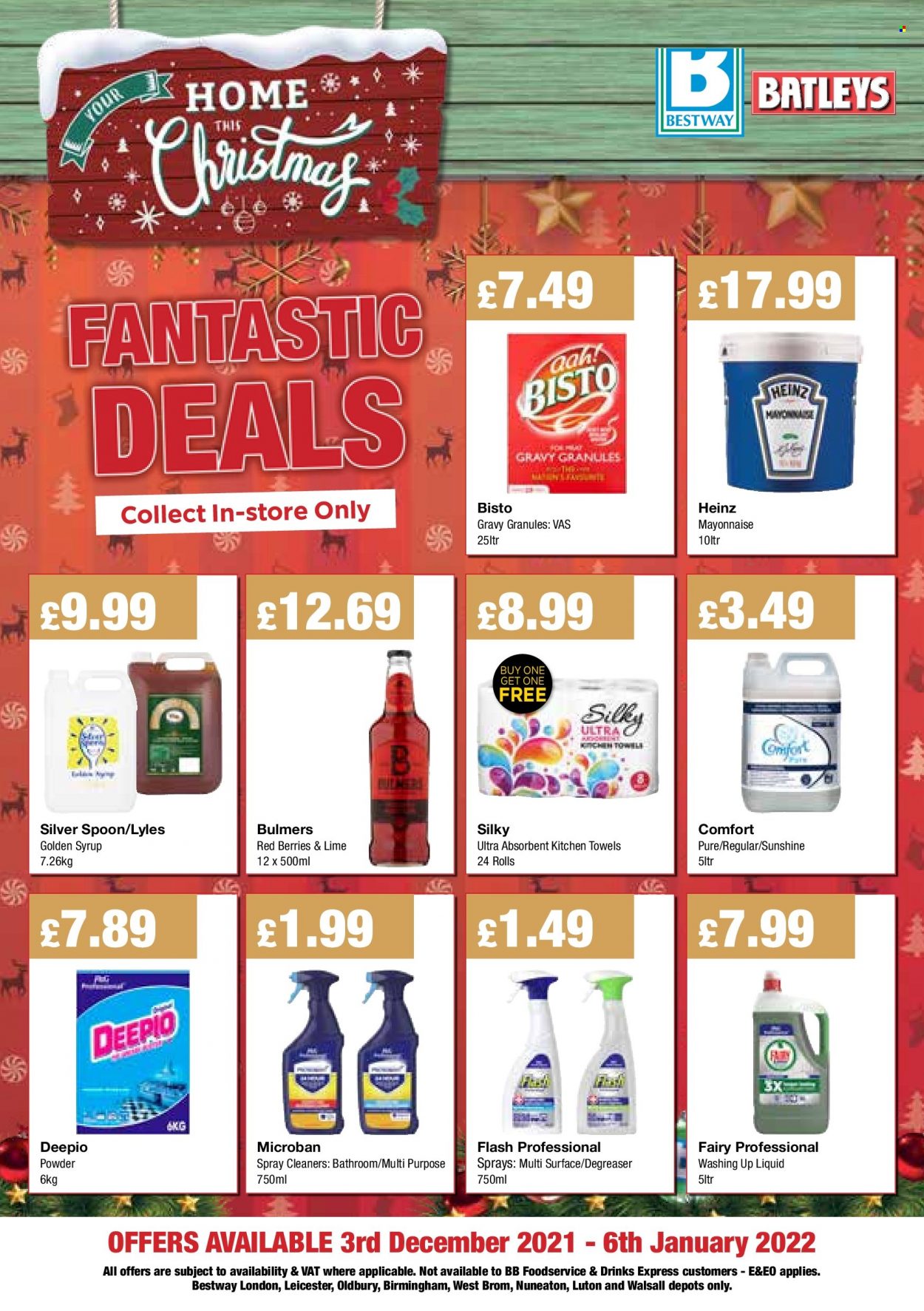 thumbnail - Bestway offer  - 03/12/2021 - 06/01/2022 - Sales products - Bulmers, Sunshine, mayonnaise, Heinz, syrup, kitchen towels, Fairy, dishwashing liquid, spoon. Page 1.
