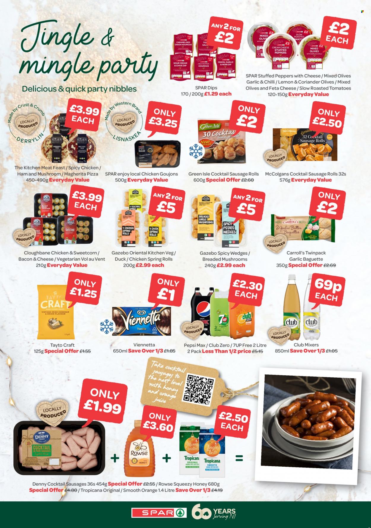 thumbnail - SPAR offer  - 06/12/2021 - 02/01/2022 - Sales products - peppers, oranges, baguette, sausage rolls, pizza, spring rolls, bacon, ham, sausage, feta, Tayto, olives, coriander, honey, Pepsi, juice, Pepsi Max, 7UP, Club Zero. Page 4.