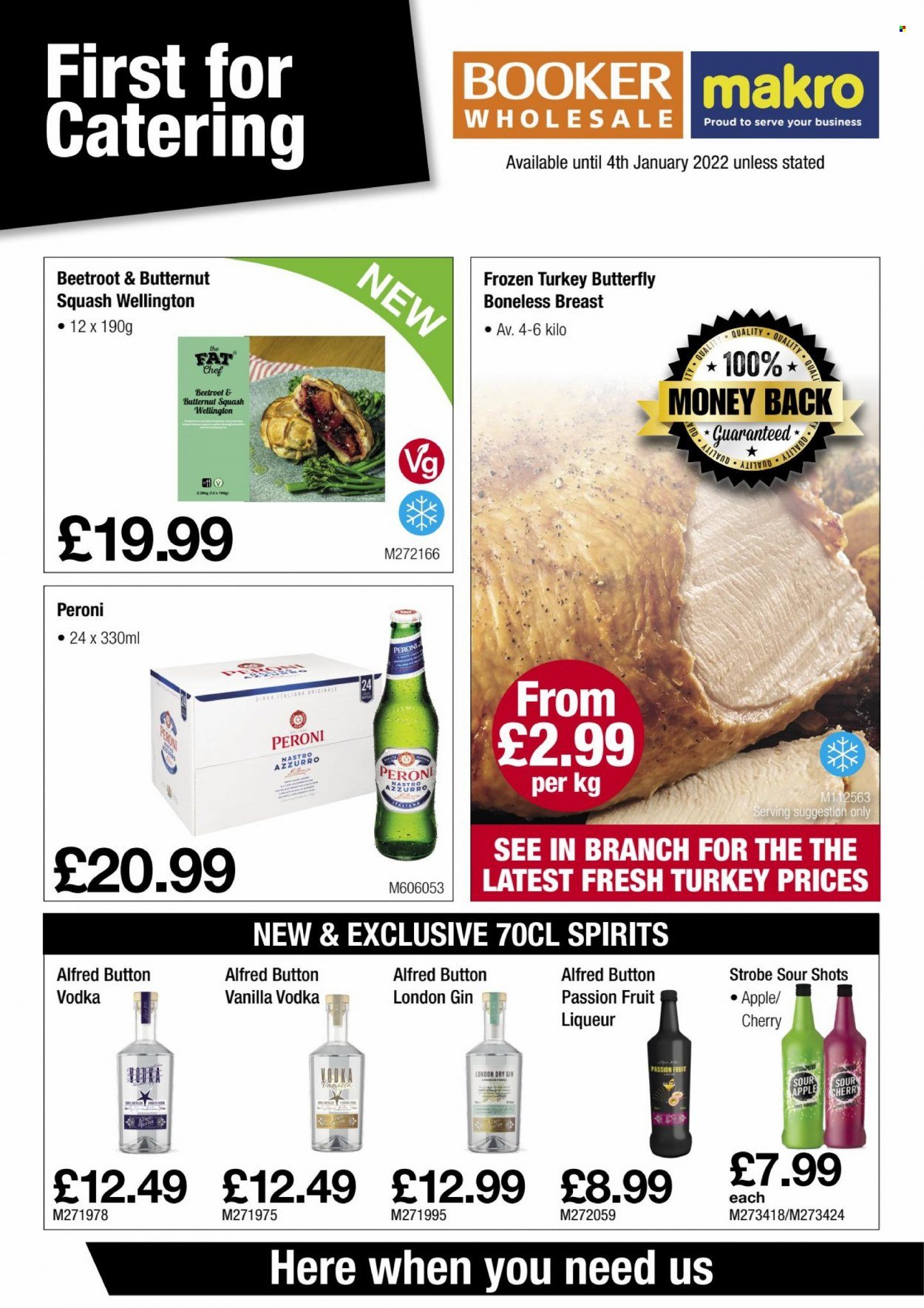 Makro offer  - 6.12.2021 - 4.1.2022 - Sales products - Peroni, butternut squash, beetroot, whole turkey, turkey meat, gin, liqueur, vodka. Page 1.
