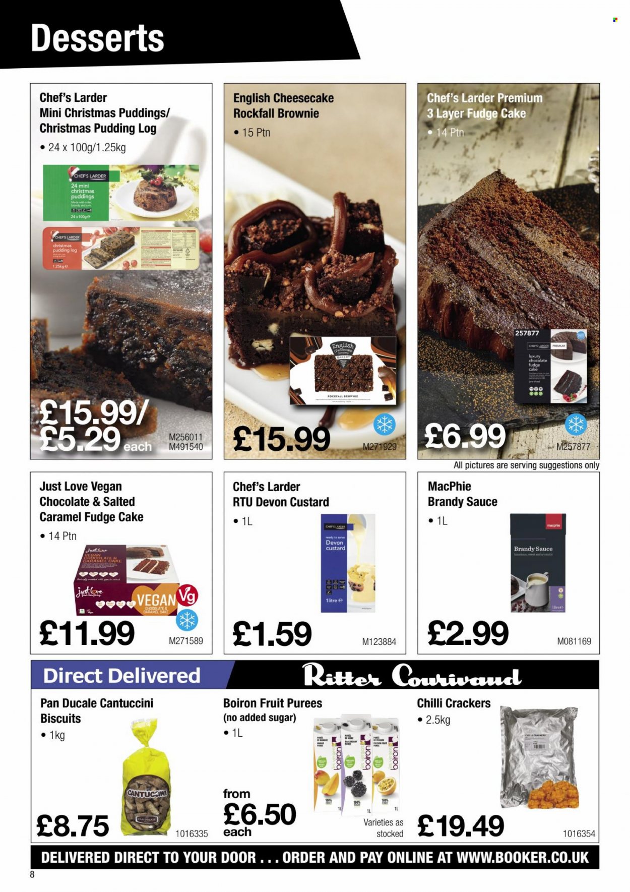 Makro offer  - 6.12.2021 - 4.1.2022 - Sales products - cake, cheesecake, brownies, sauce, custard, pudding, biscuit, Fudge, chocolate, crackers, brandy, pan. Page 8.