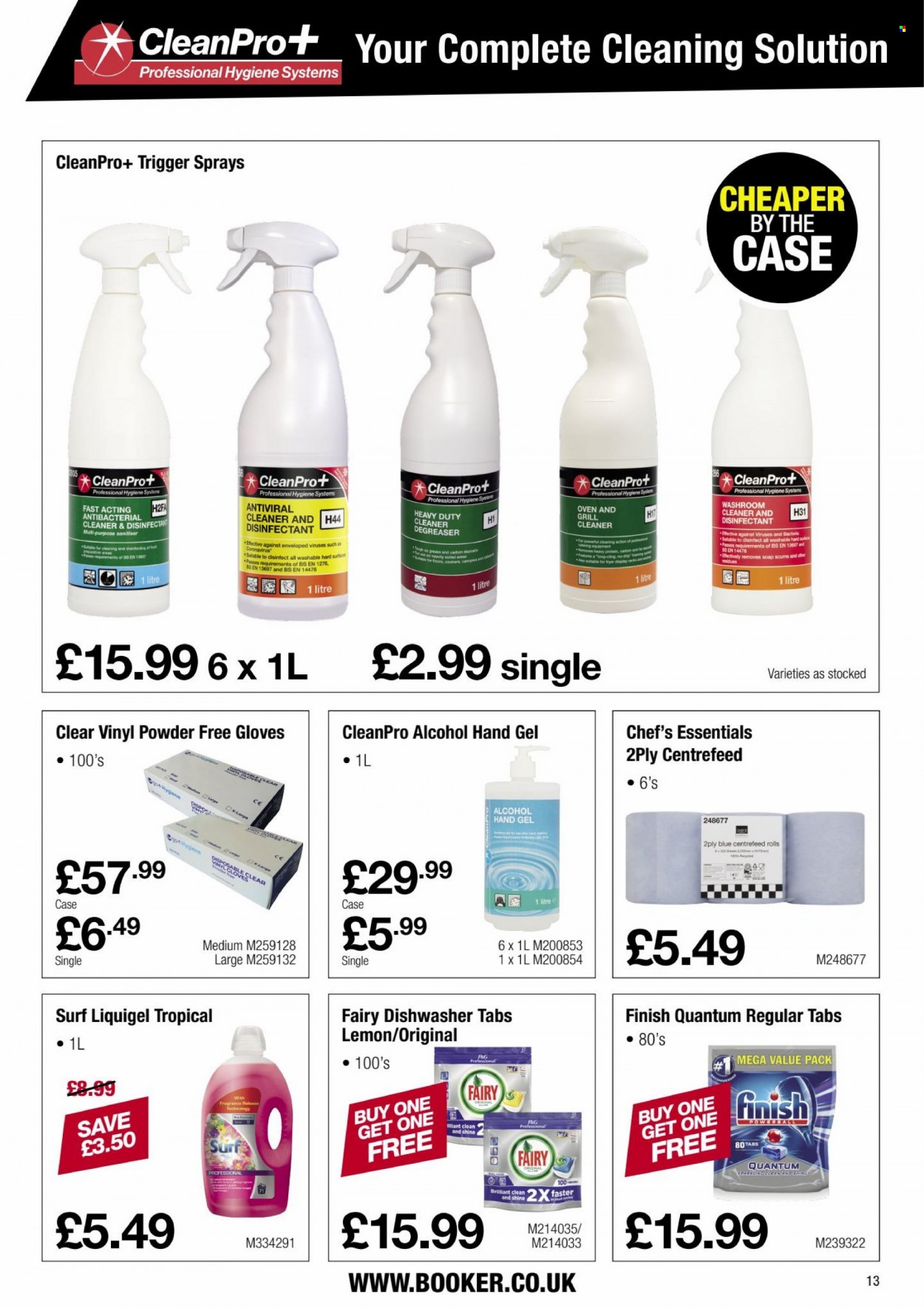 Makro offer  - 6.12.2021 - 4.1.2022 - Sales products - alcohol, cleaner, desinfection, Fairy, Surf, Finish Powerball, Finish Quantum Ultimate, soap, hand gel, gloves. Page 13.
