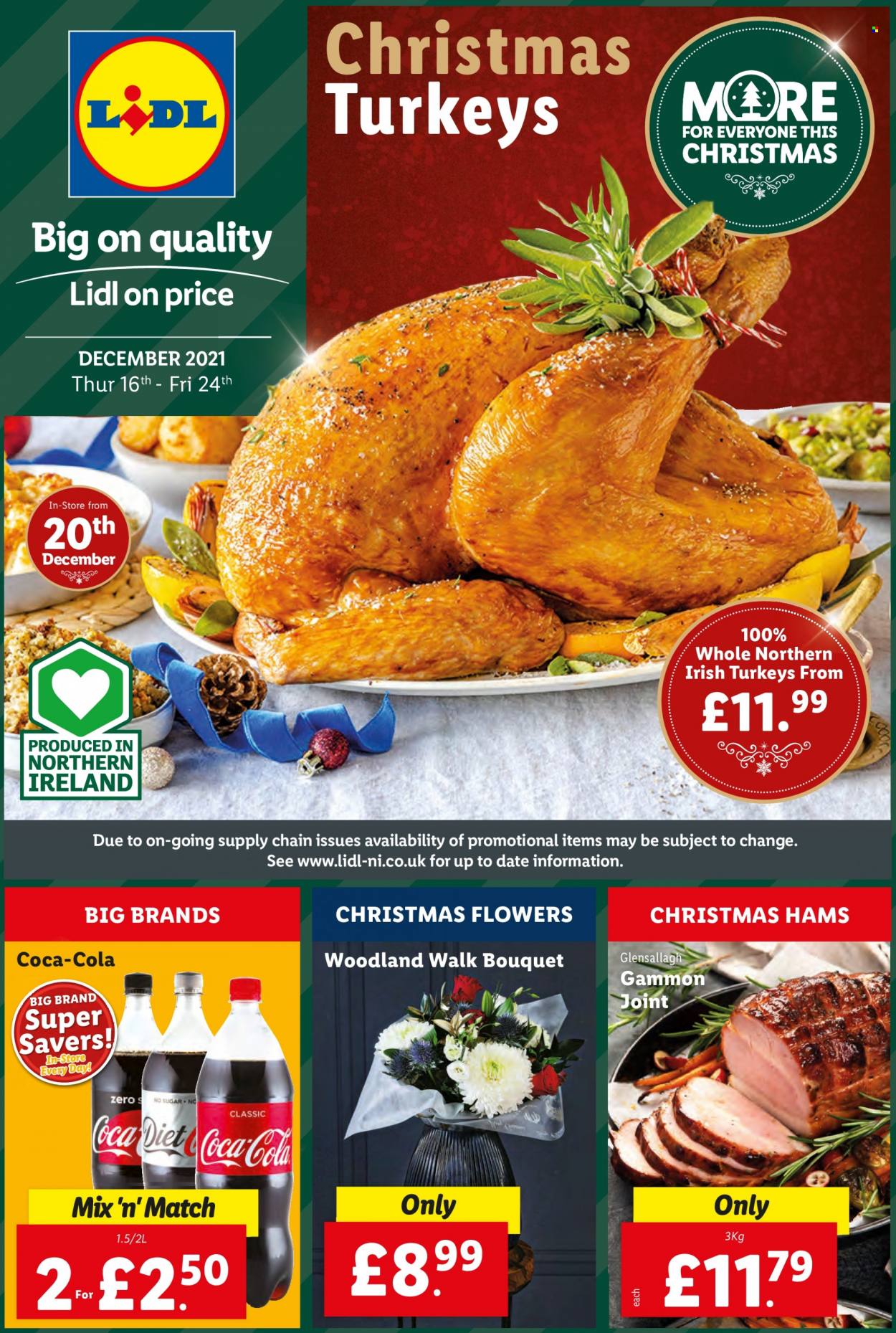 thumbnail - Lidl offer  - 16/12/2021 - 24/12/2021 - Sales products - turkey, gammon, Coca-Cola, bouquet. Page 1.
