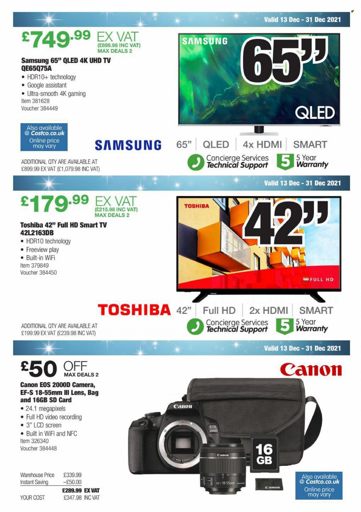 thumbnail - Costco offer  - 13/12/2021 - 31/12/2021 - Sales products - memory card, Samsung, camera, Canon, 4K UHD TV, smart tv, Toshiba, UHD TV, TV. Page 2.