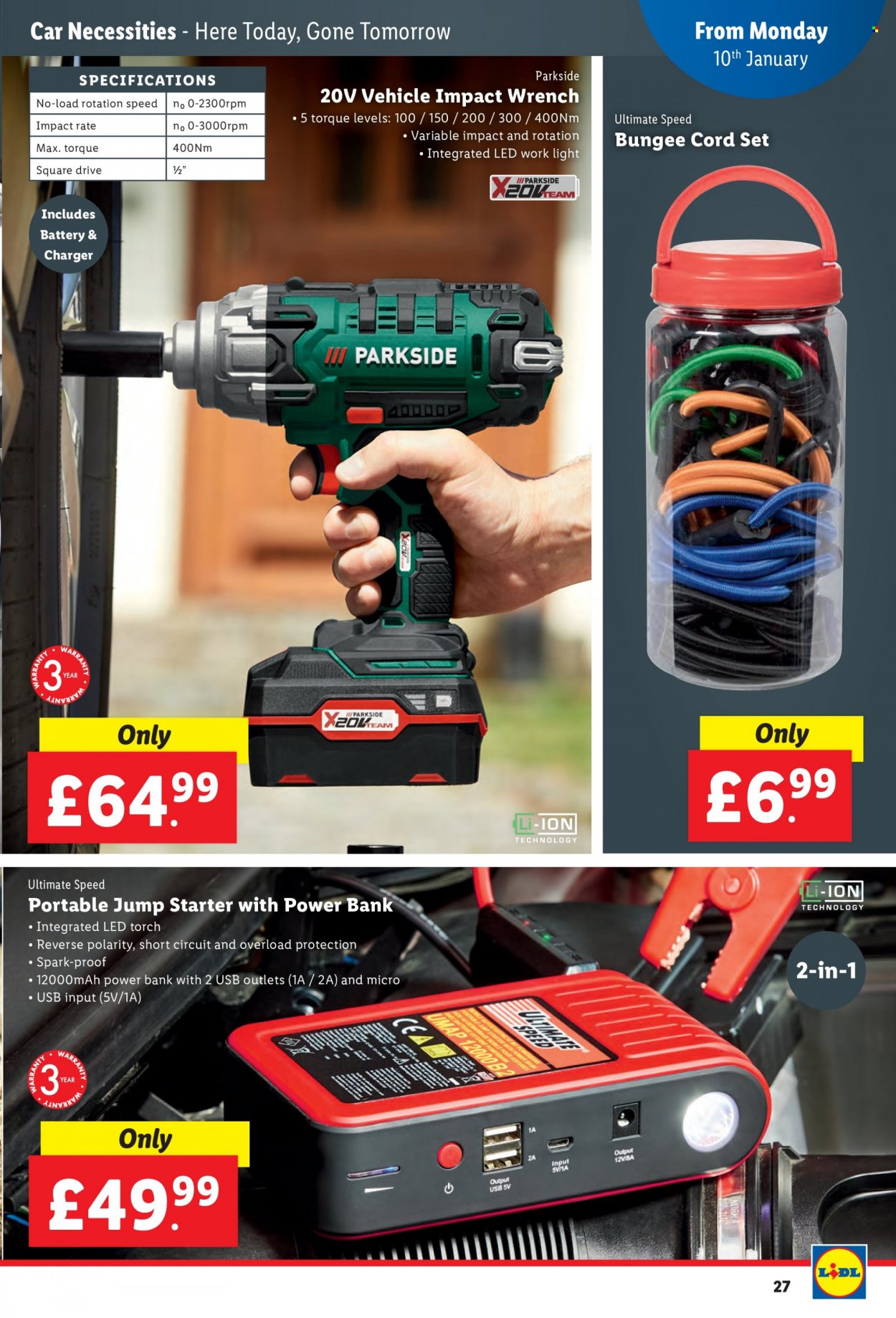 thumbnail - Lidl offer  - 06/01/2022 - 12/01/2022 - Sales products - power bank, torch, vehicle, Parkside, work light, cord set. Page 27.