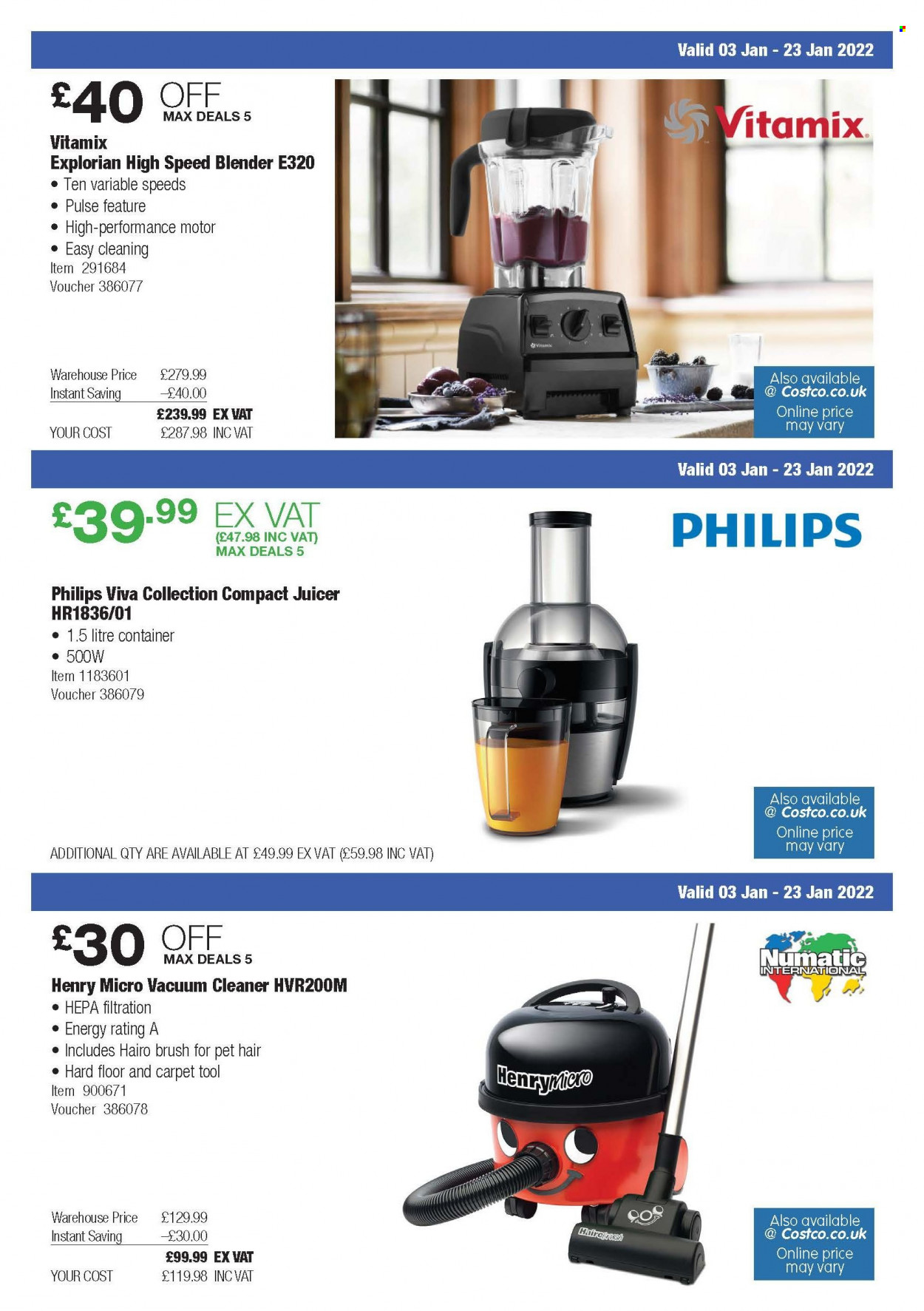 thumbnail - Costco offer  - 03/01/2022 - 23/01/2022 - Sales products - container, Philips, vacuum cleaner, blender, juicer. Page 3.
