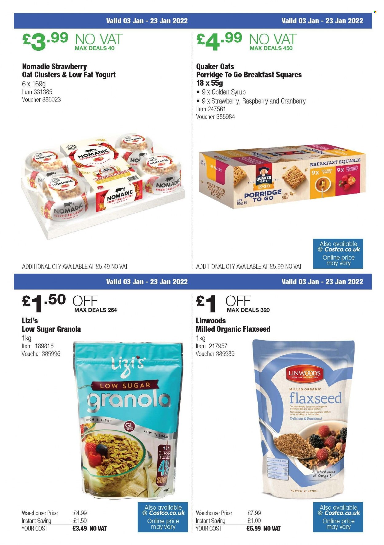 thumbnail - Costco offer  - 03/01/2022 - 23/01/2022 - Sales products - Quaker, yoghurt, probiotic yoghurt, oats, cereals, granola, porridge, syrup, iron, zinc. Page 12.
