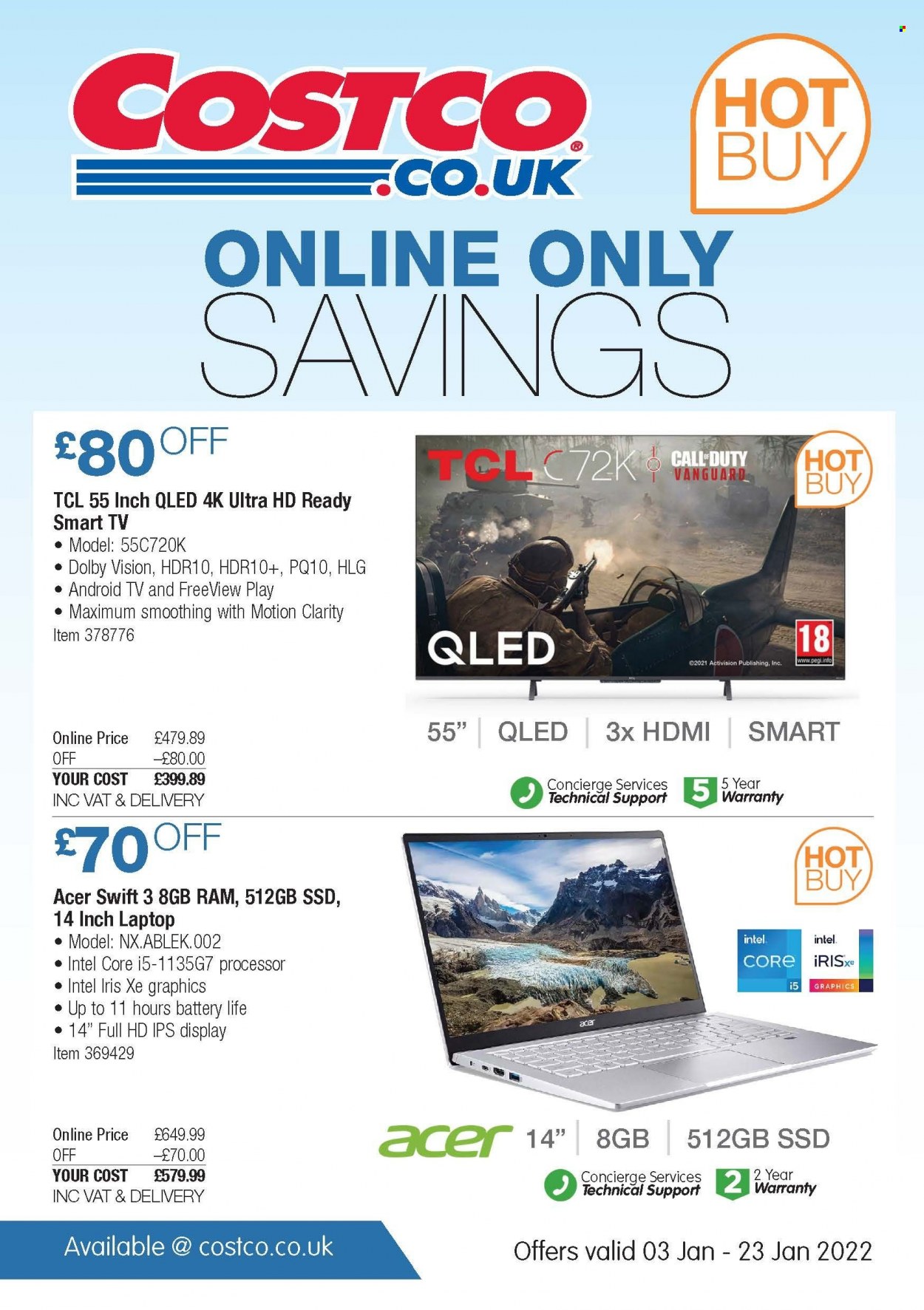 thumbnail - Costco offer  - 03/01/2022 - 23/01/2022 - Sales products - Acer, laptop, Intel, Android TV, smart tv, TCL, UHD TV, ultra hd, TV. Page 20.