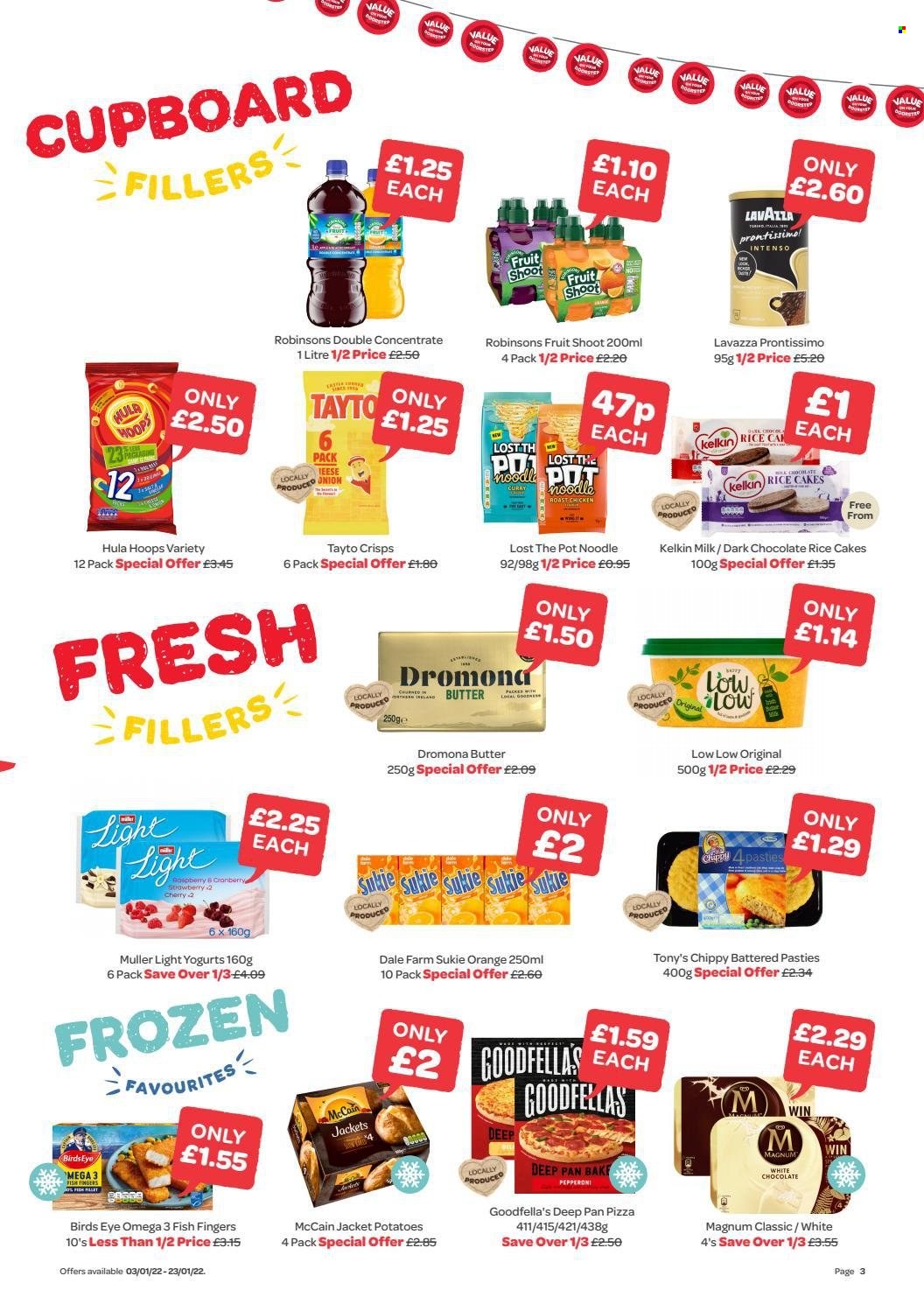 thumbnail - SPAR offer  - 03/01/2022 - 23/01/2022 - Sales products - potatoes, cherries, oranges, fish fingers, fish, fish sticks, pizza, noodles, Bird's Eye, pepperoni, Müller, milk, butter, Magnum, McCain, chocolate, dark chocolate, Tayto, Hula Hoops, rice, Intenso, Lavazza, pot, pan, Omega-3. Page 3.