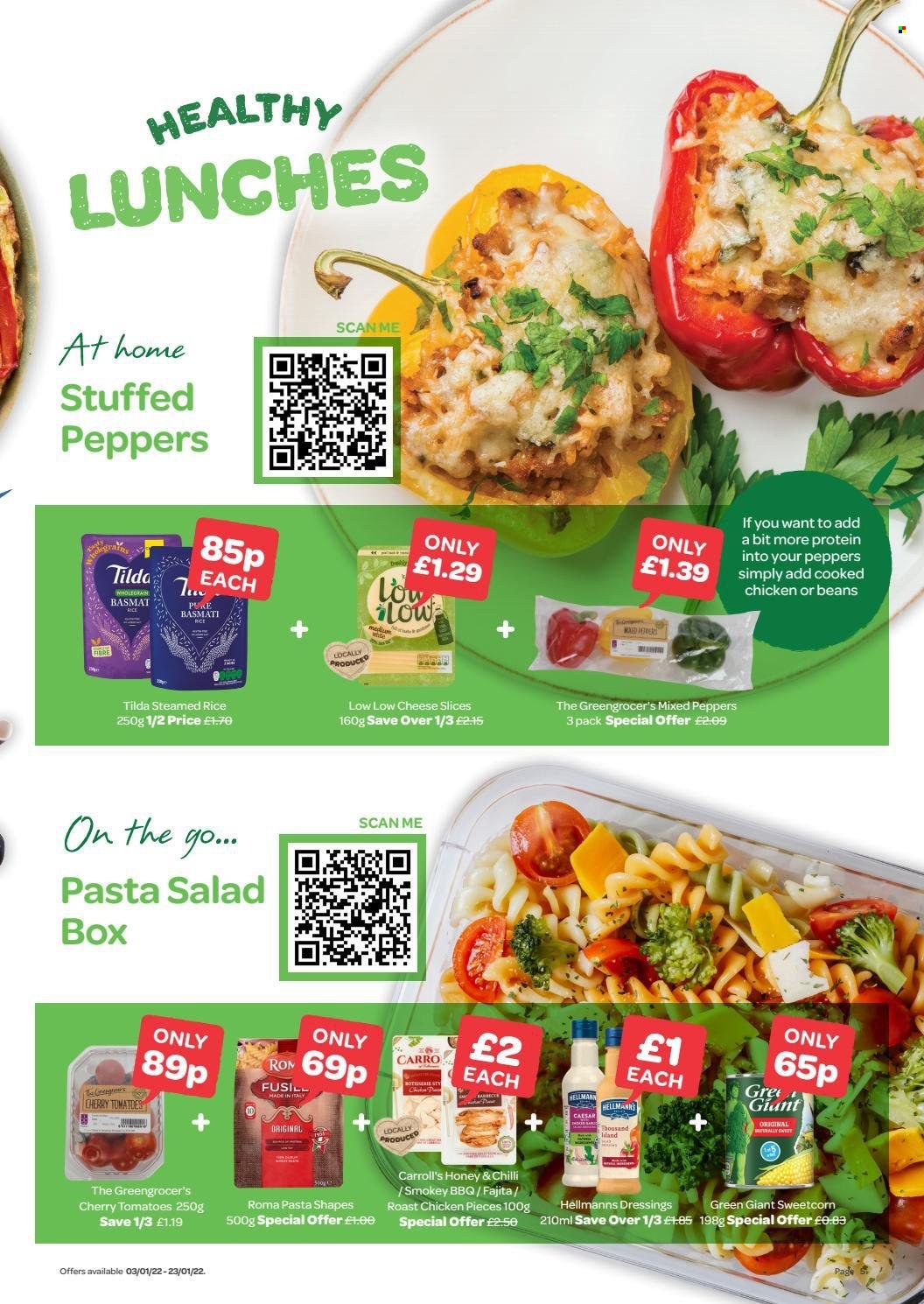 thumbnail - SPAR offer  - 03/01/2022 - 23/01/2022 - Sales products - beans, tomatoes, peppers, cherries, chicken roast, pasta, fajita, pasta salad, sliced cheese, cheese, basmati rice, rice, honey. Page 5.
