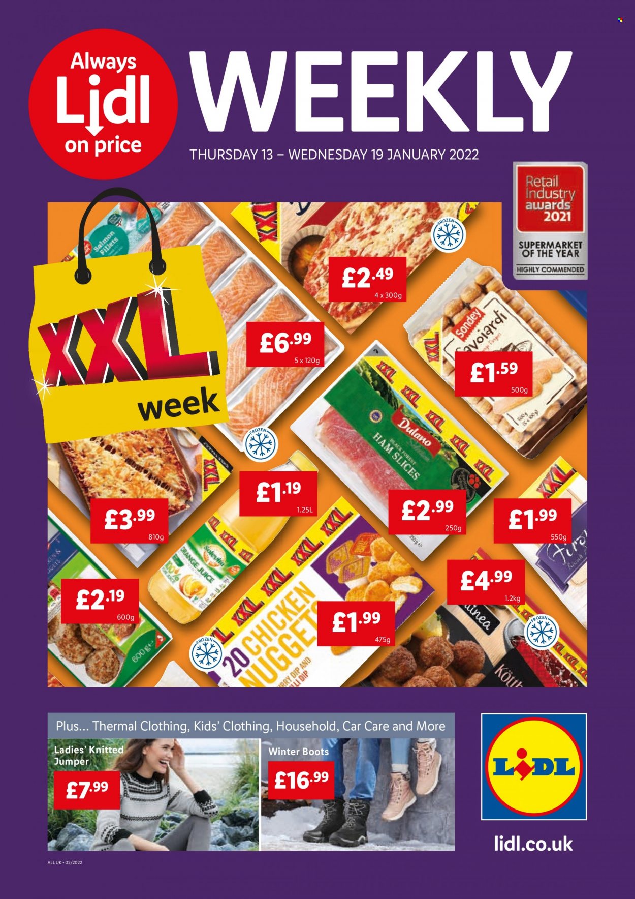 Lidl offer  - 13.1.2022 - 19.1.2022 - Sales products - boots, winter boots, salmon, salmon fillet, ham, dip, orange juice, juice, sweater. Page 1.
