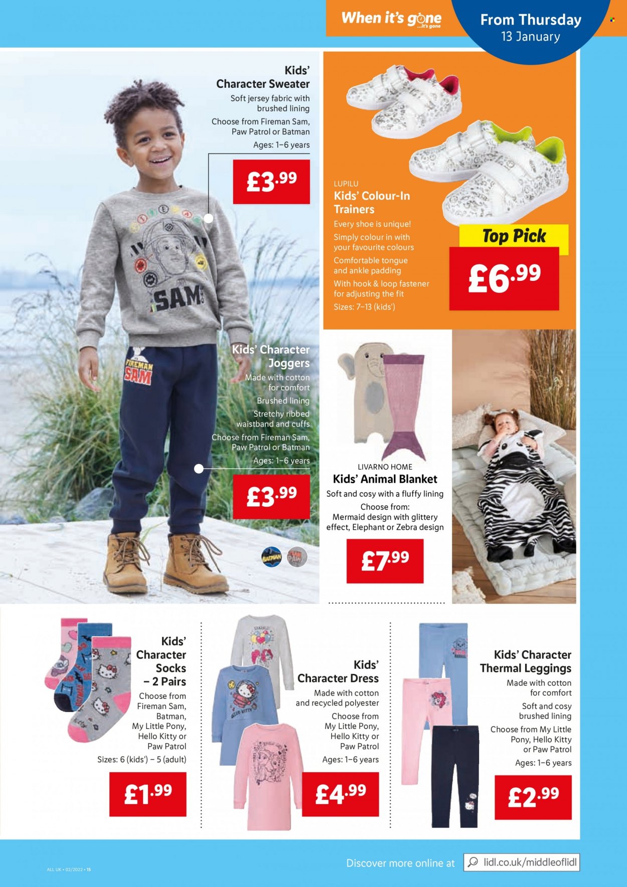 thumbnail - Lidl offer  - 13/01/2022 - 19/01/2022 - Sales products - Batman, trainers, Lupilu, Paw Patrol, Hello Kitty, blanket, dress, sweater, joggers, leggings, socks, My Little Pony. Page 15.