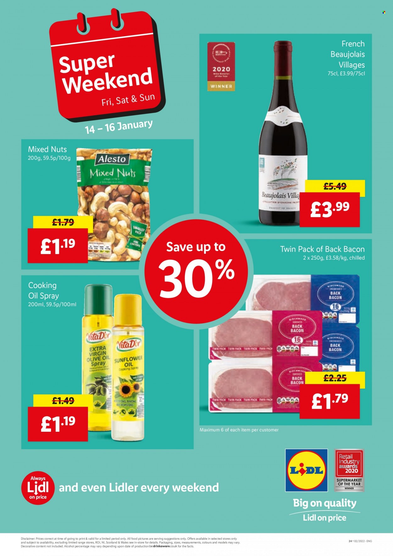 thumbnail - Lidl offer  - 13/01/2022 - 19/01/2022 - Sales products - alcohol, bacon, extra virgin olive oil, olive oil, oil, mixed nuts, Ron Pelicano, sunflower. Page 24.