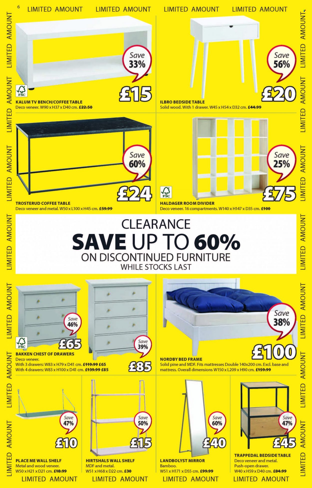 thumbnail - JYSK offer  - 06/01/2022 - 26/01/2022 - Sales products - table, bench, coffee table, tv bench, chest of drawers, wall shelf, bed, bed frame, mattress, bedside table, mirror. Page 6.