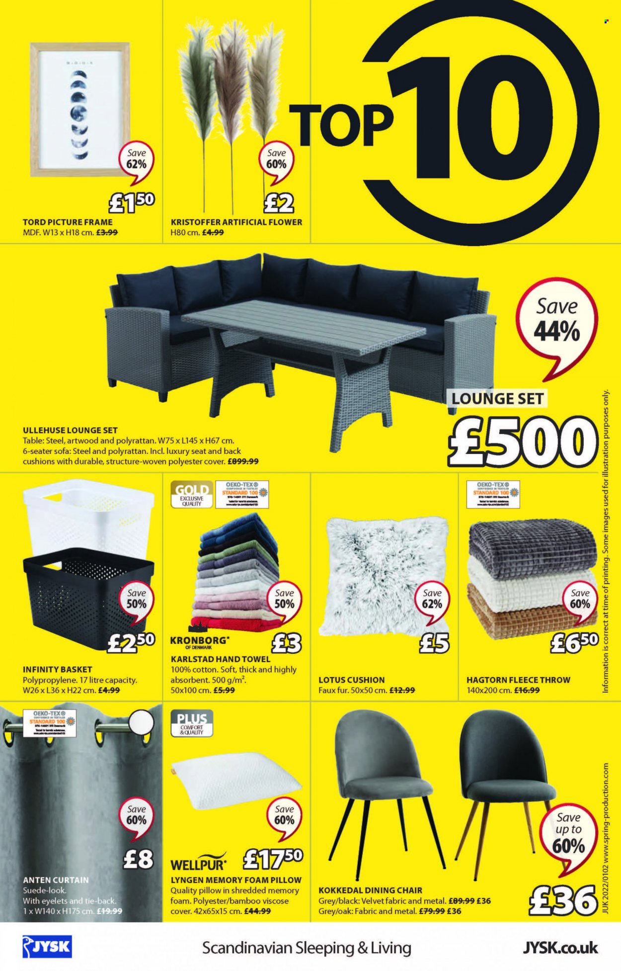 thumbnail - JYSK offer  - 06/01/2022 - 26/01/2022 - Sales products - table, chair, dining chair, sofa, Lotus, cushion, picture frame, artificial flowers, basket, chair pad, Kronborg, pillow, foam pillow, curtain, fleece throw, towel, hand towel. Page 16.