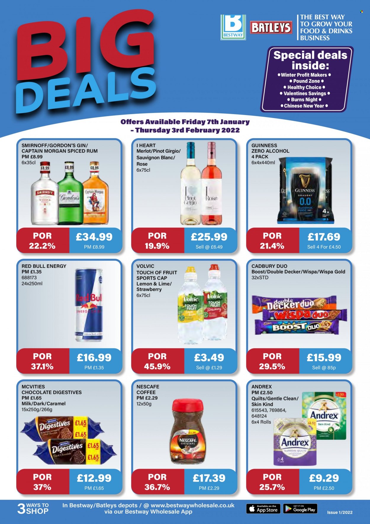 thumbnail - Bestway offer  - 07/01/2022 - 03/02/2022 - Sales products - alcohol, Guinness, Healthy Choice, chocolate, Cadbury, Red Bull, Volvic, Boost, coffee, Nescafé, red wine, white wine, wine, Merlot, Sauvignon Blanc, rosé wine, Captain Morgan, gin, Smirnoff, spiced rum, Gordon's, rum, quilt. Page 1.