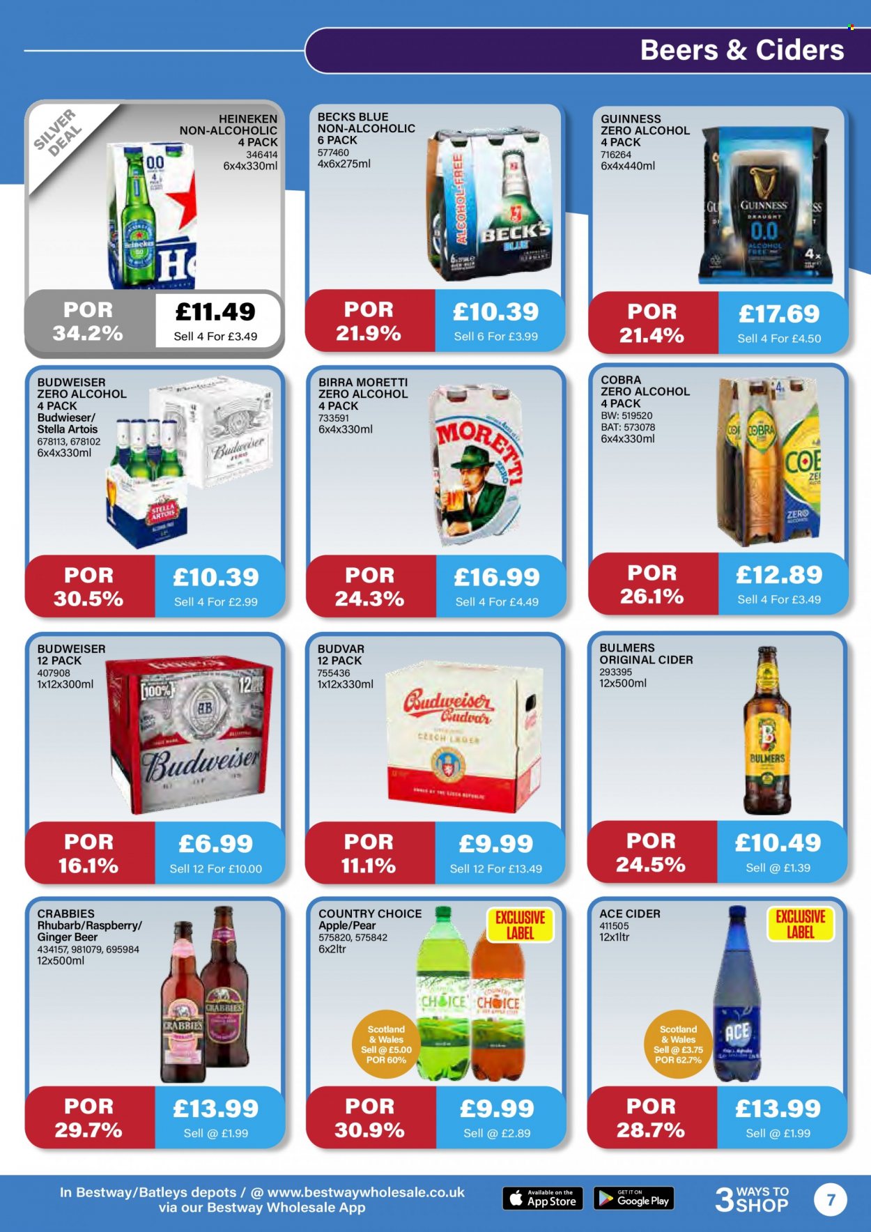 thumbnail - Bestway offer  - 07/01/2022 - 03/02/2022 - Sales products - Budweiser, Stella Artois, ginger beer, Heineken, beer, Bulmers, alcohol, Guinness, Beck's, pears, cider. Page 7.