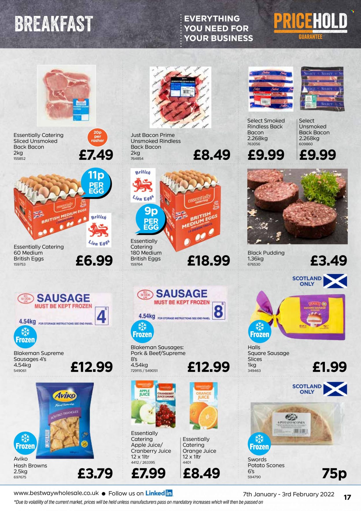 thumbnail - Bestway offer  - 07/01/2022 - 03/02/2022 - Sales products - bacon, black pudding, sausage, sausage slices, eggs, hash browns, Halls, apple juice, cranberry juice, orange juice, juice. Page 17.