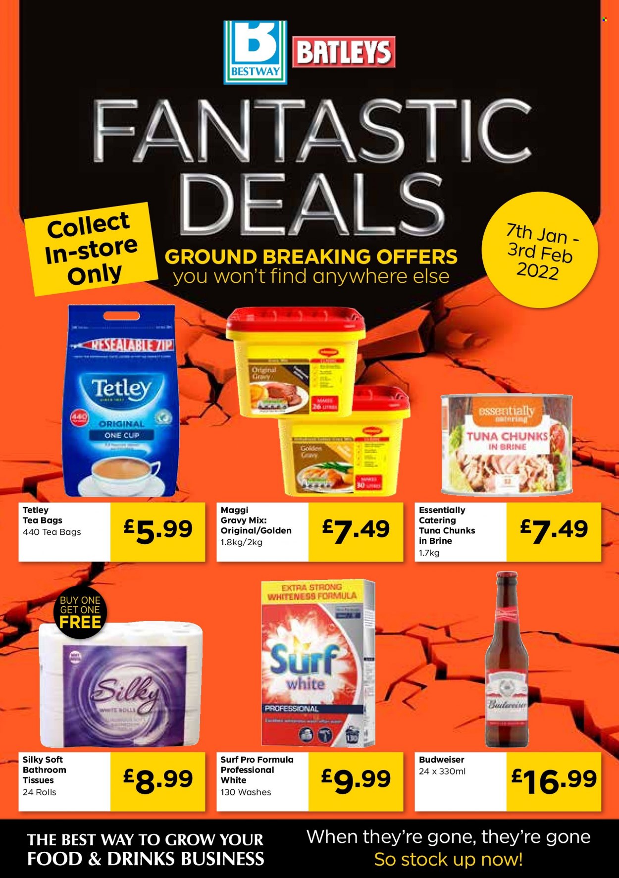 thumbnail - Bestway offer  - 07/01/2022 - 03/02/2022 - Sales products - Budweiser, beer, tuna, Maggi, gravy mix, tea bags, tissues, Surf, cup. Page 1.