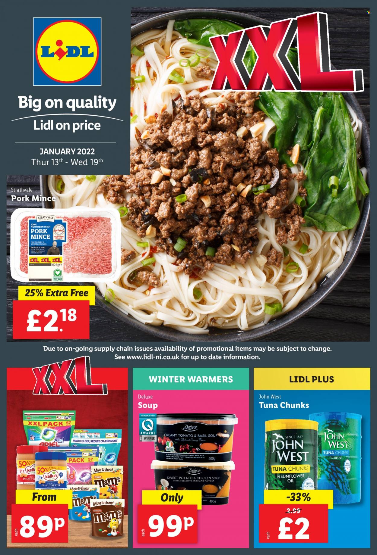 thumbnail - Lidl offer  - 13/01/2022 - 19/01/2022 - Sales products - ground pork, pork meat, tuna, chicken soup, soup, peanut butter, Ariel. Page 1.