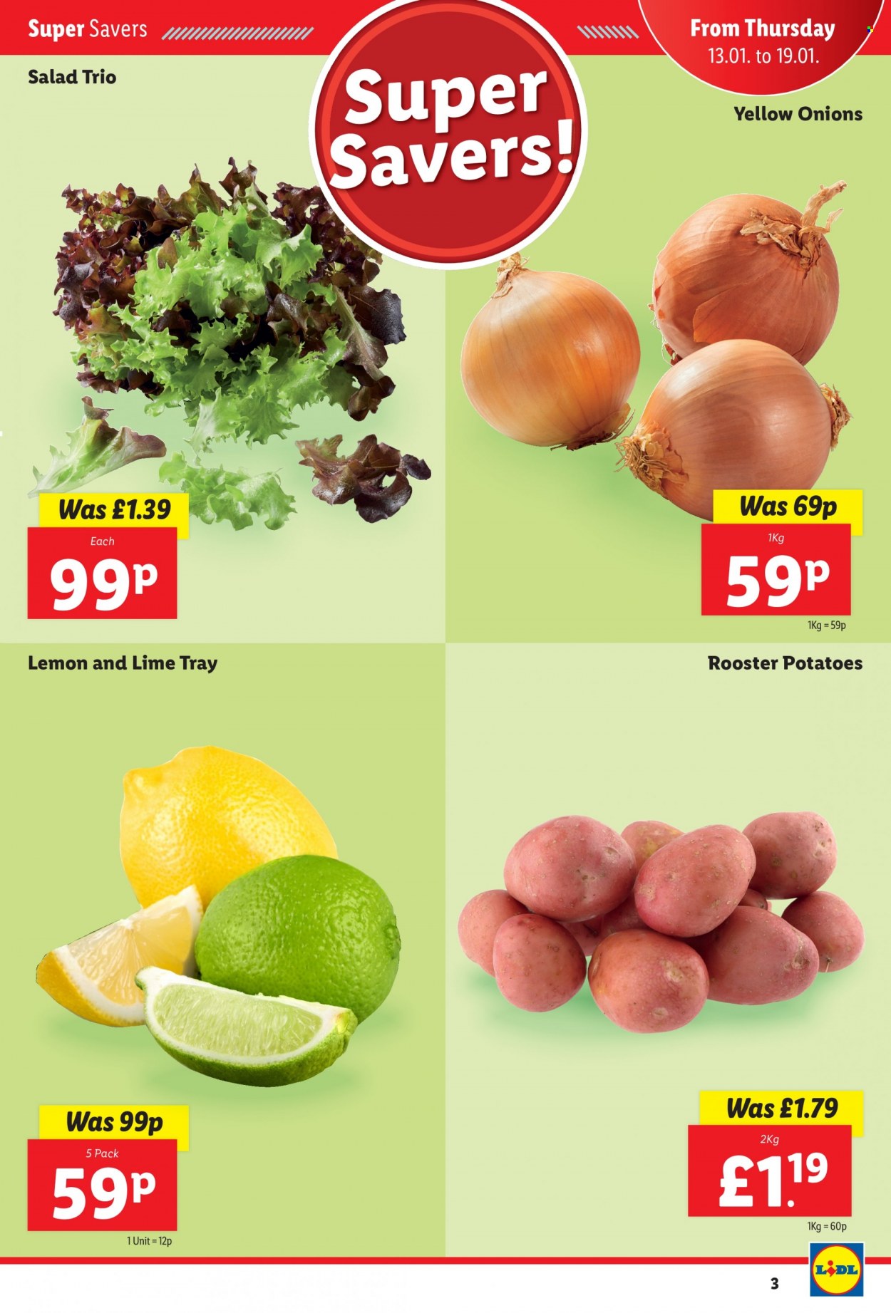 thumbnail - Lidl offer  - 13/01/2022 - 19/01/2022 - Sales products - potatoes, onion, salad, tray. Page 3.