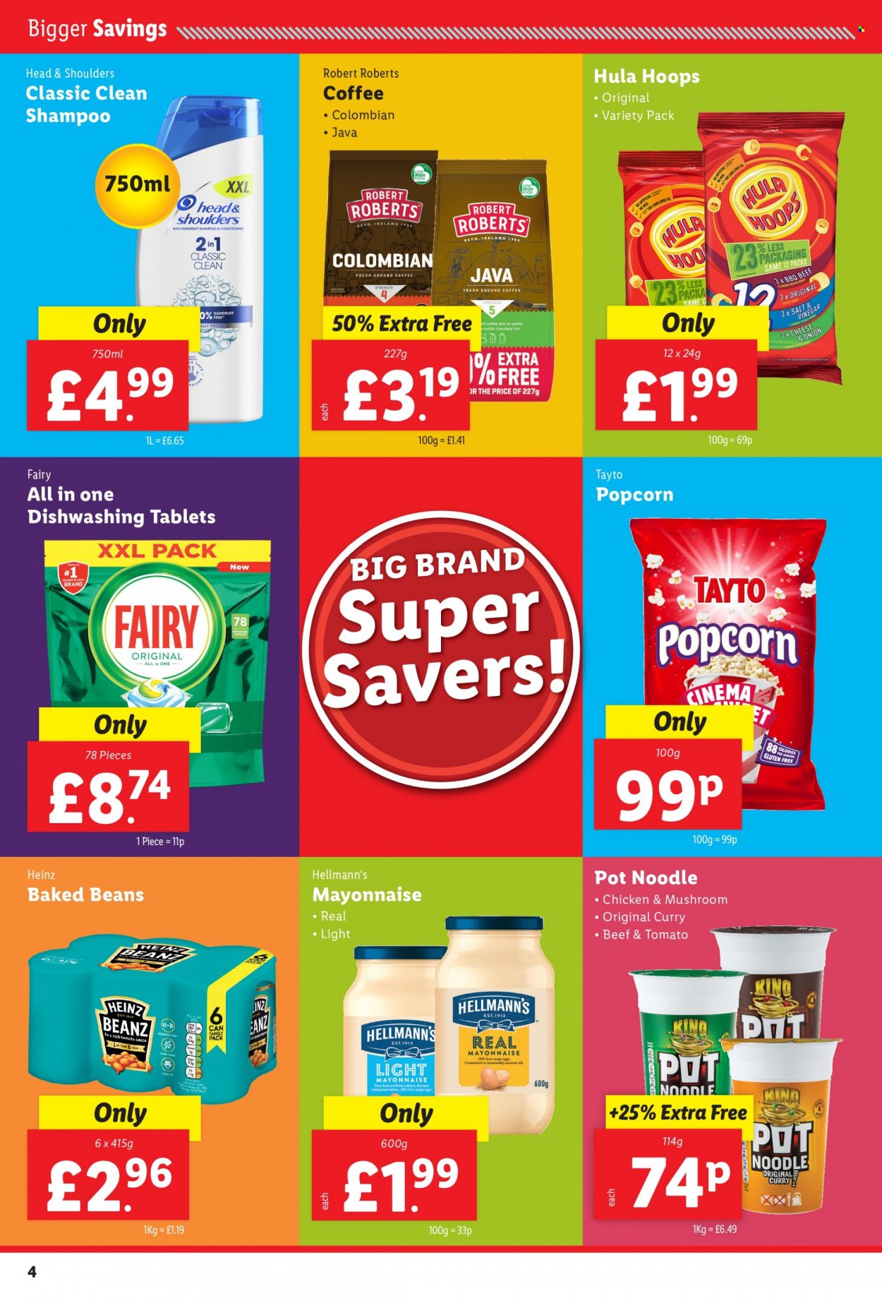 thumbnail - Lidl offer  - 13/01/2022 - 19/01/2022 - Sales products - noodles, mayonnaise, Hellmann’s, popcorn, Tayto, Hula Hoops, Heinz, baked beans, coffee, ground coffee, Fairy, shampoo, Head & Shoulders, pot. Page 4.