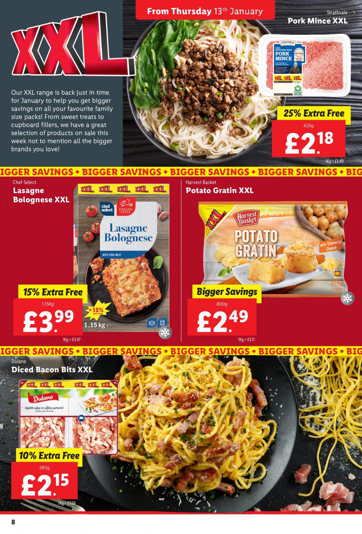 thumbnail - Lidl offer  - 13/01/2022 - 19/01/2022 - Sales products - ground pork, pork meat, lasagna meal, bacon bits, cheese, basket. Page 8.