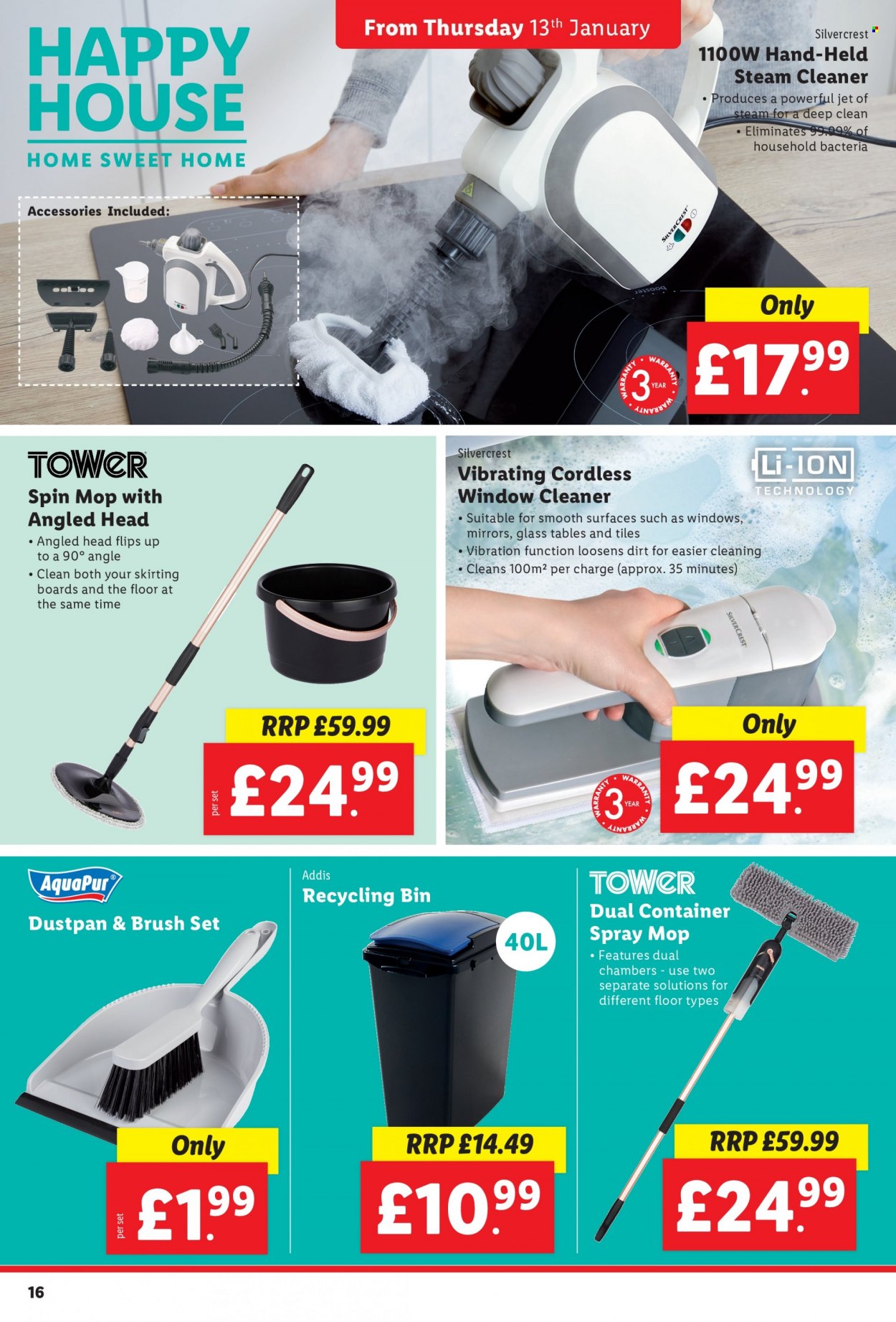 thumbnail - Lidl offer  - 13/01/2022 - 19/01/2022 - Sales products - table, container, mirror, SilverCrest, cleaner, Jet, bin, spin mop, mop, dustpan & brush, recycling bin, steam cleaner, Lee. Page 16.