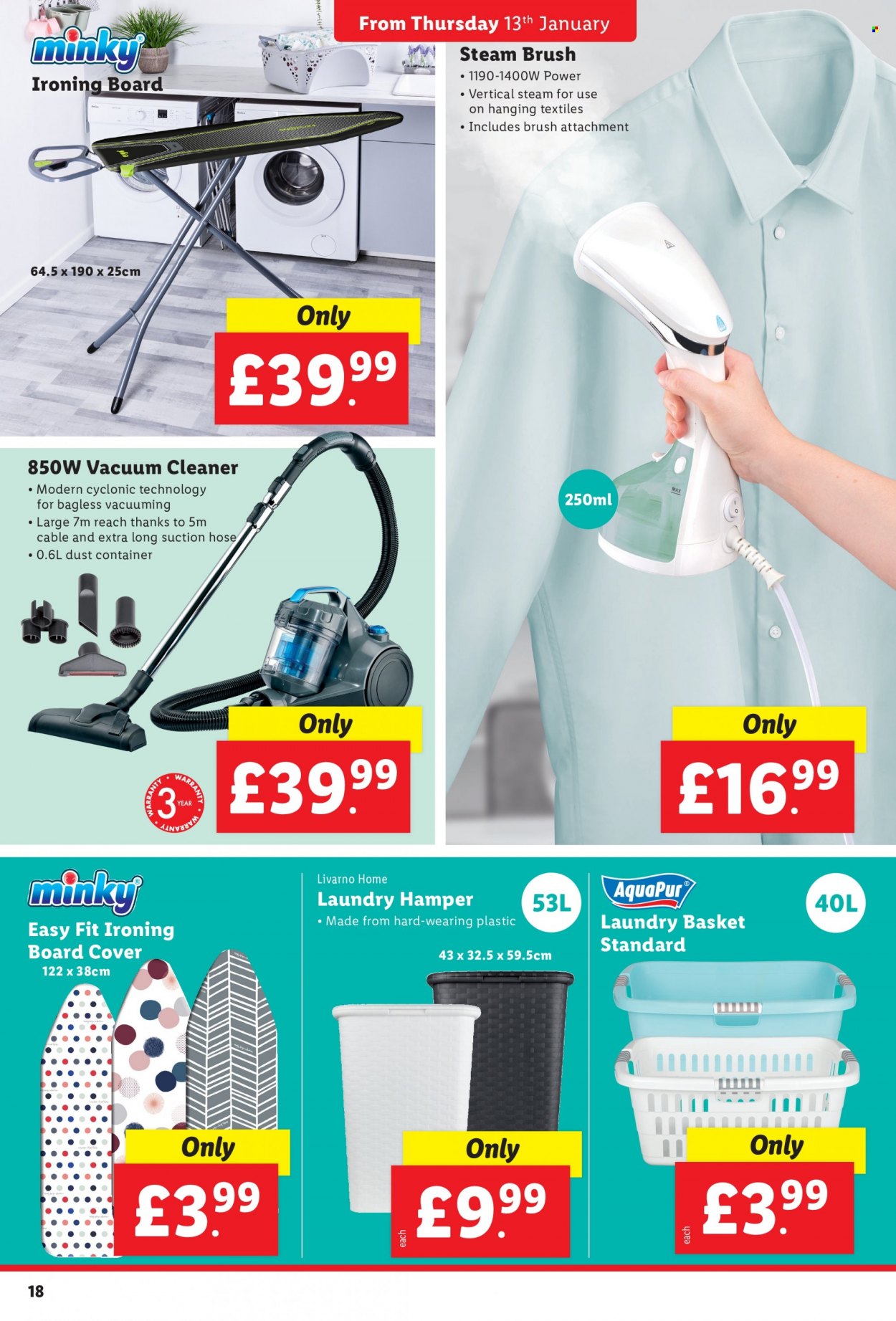 thumbnail - Lidl offer  - 13/01/2022 - 19/01/2022 - Sales products - container, basket, ironing board, laundry hamper, vacuum cleaner. Page 18.