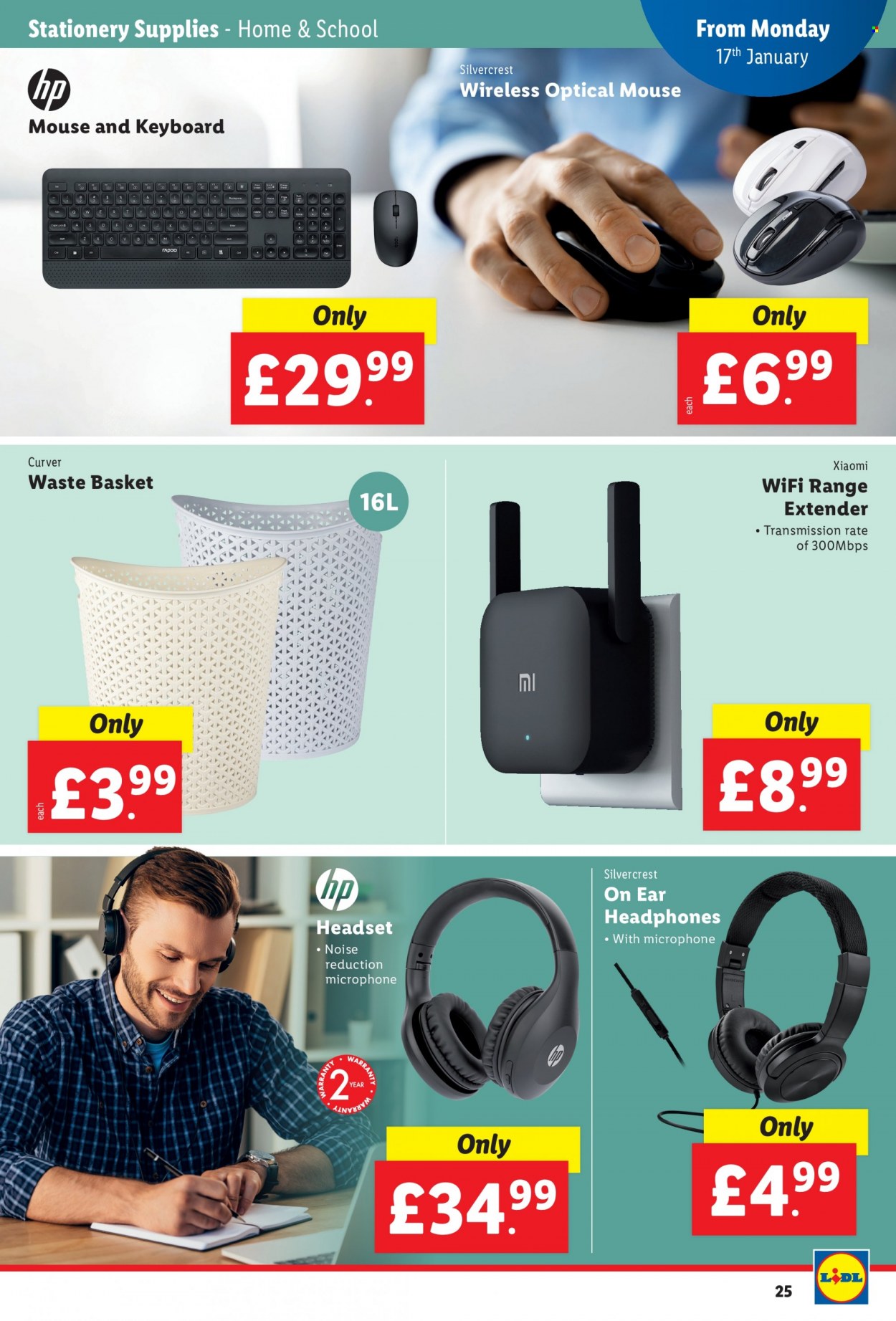 thumbnail - Lidl offer  - 13/01/2022 - 19/01/2022 - Sales products - SilverCrest, basket, keyboard, mouse, Hewlett Packard, Xiaomi, headset, headphones. Page 25.