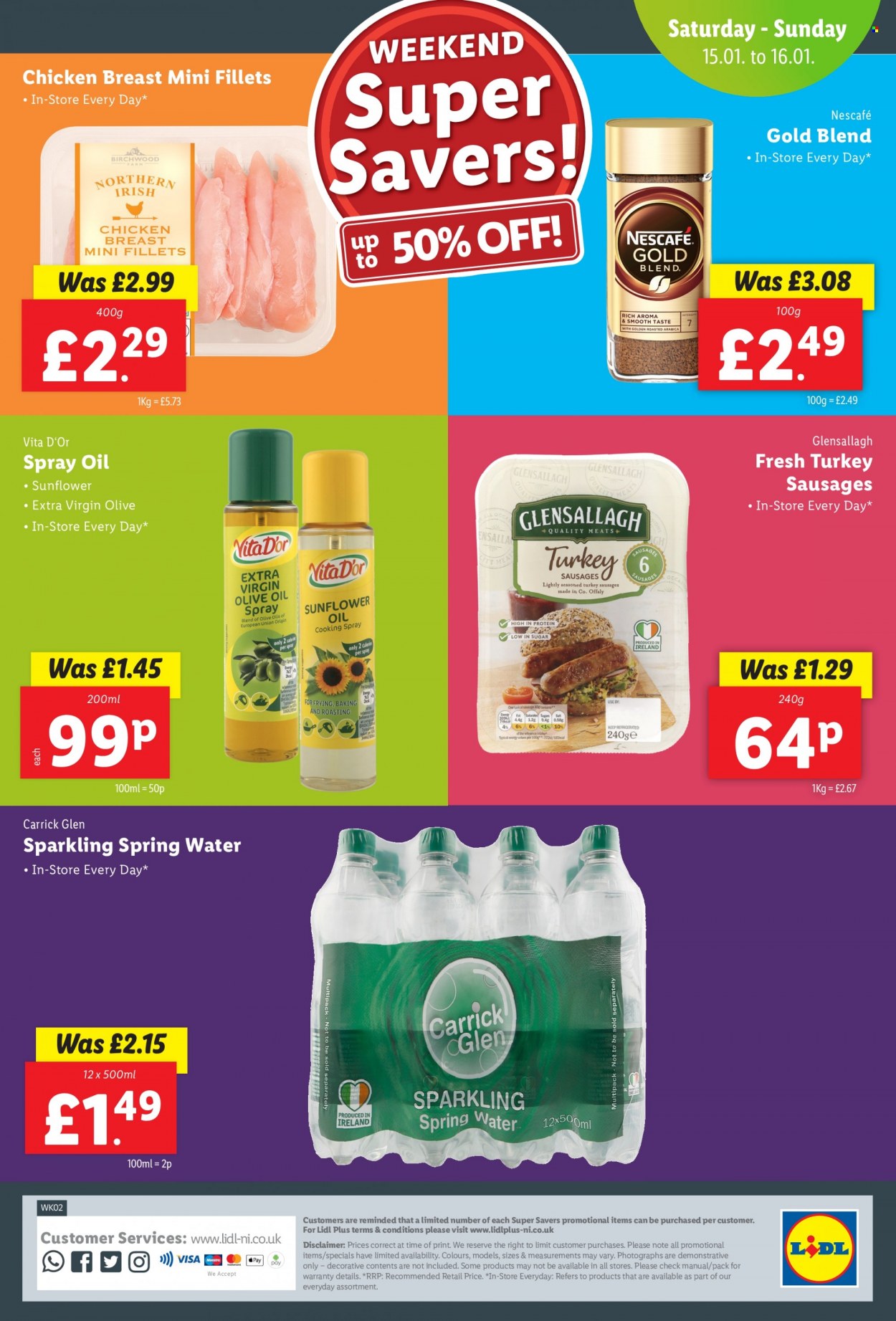 thumbnail - Lidl offer  - 13/01/2022 - 19/01/2022 - Sales products - chicken breasts, chicken, sausage, cooking spray, extra virgin olive oil, sunflower oil, olive oil, oil, spring water, Nescafé. Page 28.