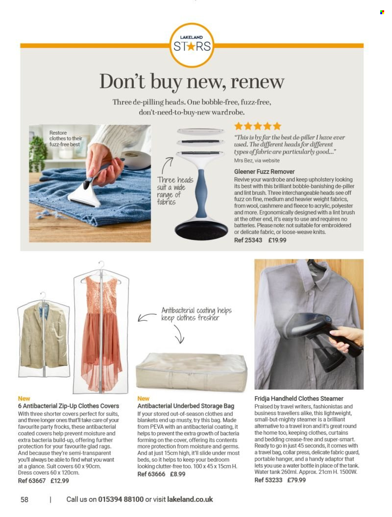 thumbnail - Lakeland offer  - Sales products - hanger, storage bag, rags, drink bottle, deco strips, battery, bedding, blanket, curtain, travel iron, iron. Page 58.