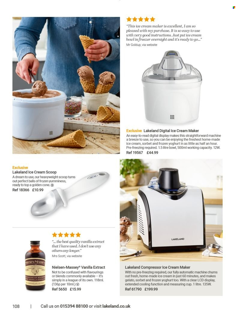 thumbnail - Lakeland offer  - Sales products - vanilla extract, bowl, measuring cup, ice cream machine. Page 108.