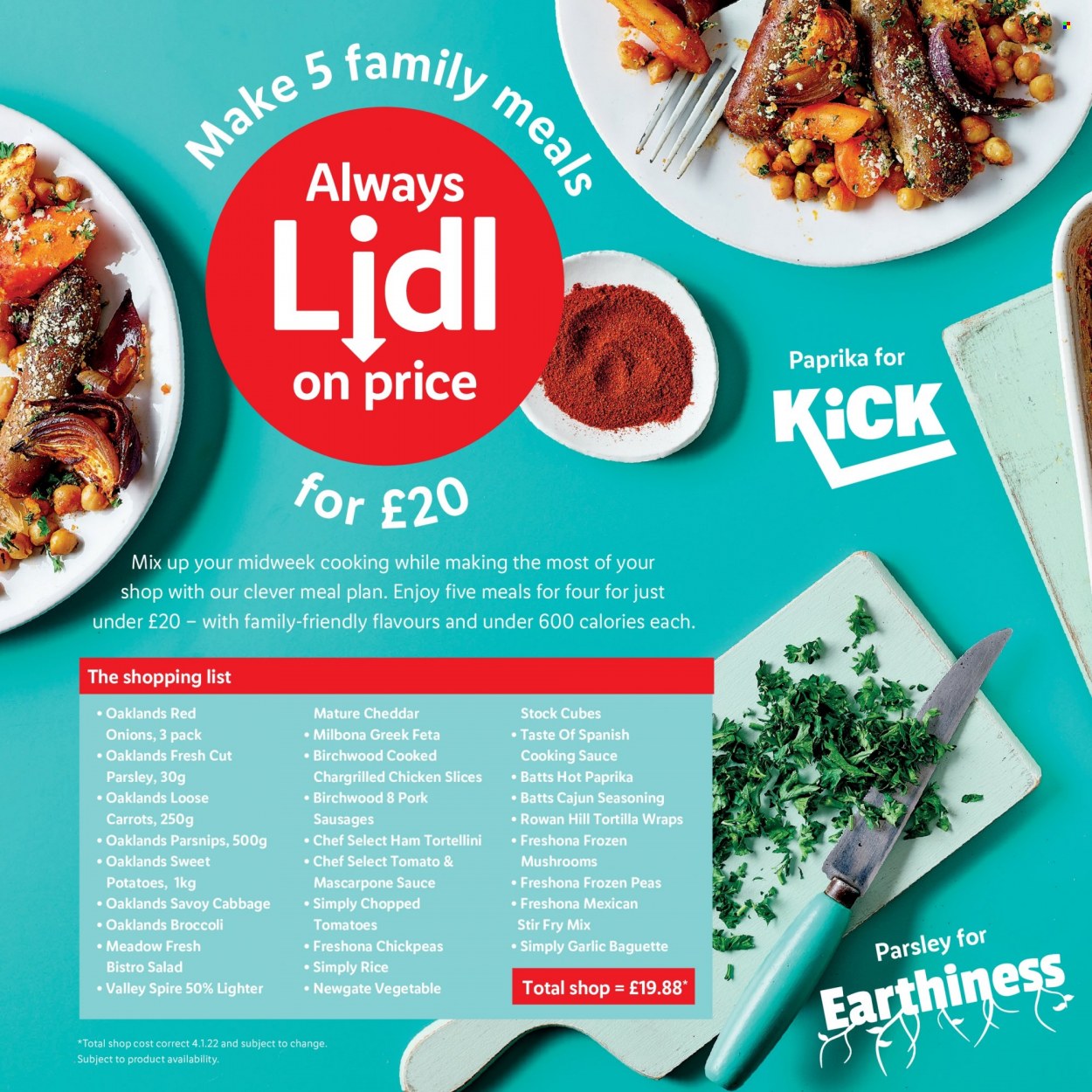 thumbnail - Lidl offer  - Sales products - broccoli, cabbage, garlic, red onions, sweet potato, tomatoes, potatoes, parsley, parsnips, peas, salad, baguette, tortillas, wraps, sauce, tortellini, ham, sausage, feta, mascarpone, cheddar, cheese, rice, chickpeas, spice. Page 8.