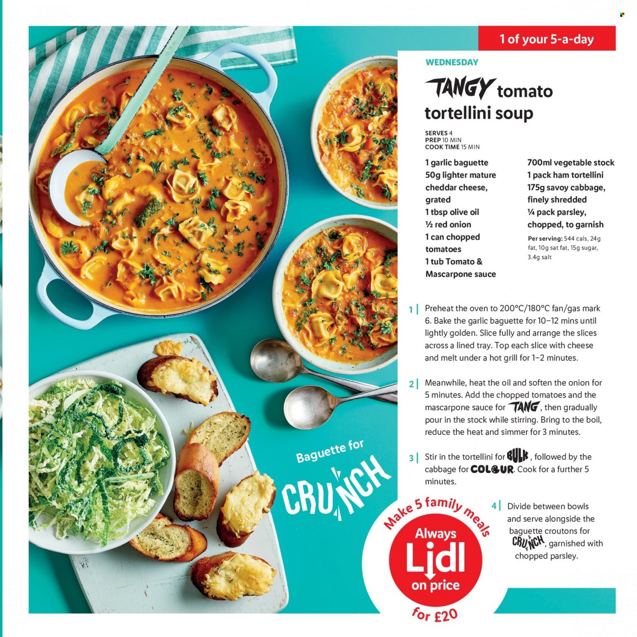 thumbnail - Lidl offer  - Sales products - garlic, parsley, baguette, vegetable stock, soup, tortellini, ham, mascarpone, cheddar, cheese, croutons, sugar, salt, chopped tomatoes, tray, grill. Page 11.