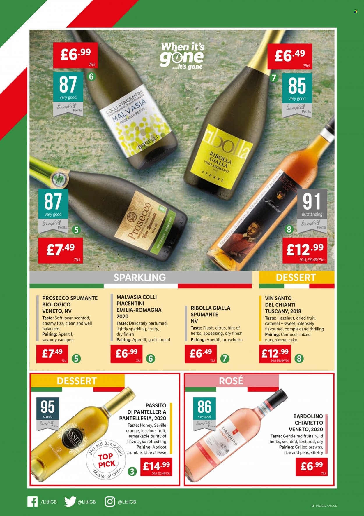 thumbnail - Lidl offer  - 20/01/2022 - 26/01/2022 - Sales products - pears, bread, cake, prawns, bruschetta, blue cheese, cheese, rice, caramel, honey, dried fruit, mixed nuts, spumante, prosecco, wine, rosé wine, aperitif, Purity. Page 12.