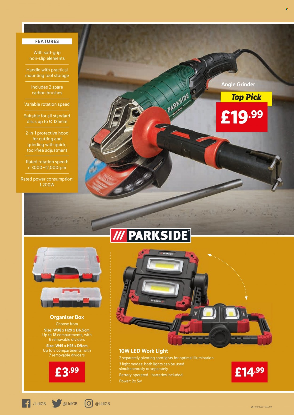 thumbnail - Lidl offer  - 20/01/2022 - 26/01/2022 - Sales products - spotlight, grinder, Parkside, work light, angle grinder. Page 26.