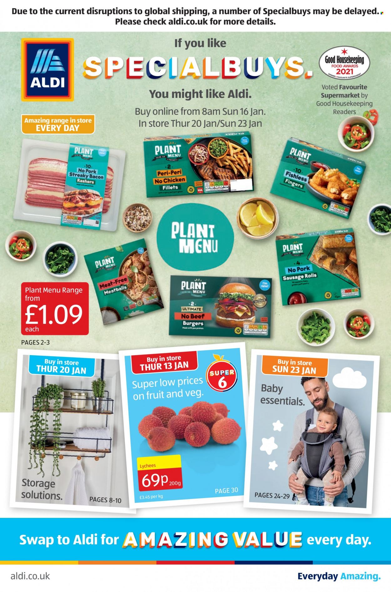 thumbnail - Aldi offer  - 16/01/2022 - 23/01/2022 - Sales products - hamburger, pork meat, sausage rolls, meatballs, bacon, streaky bacon, sausage. Page 1.