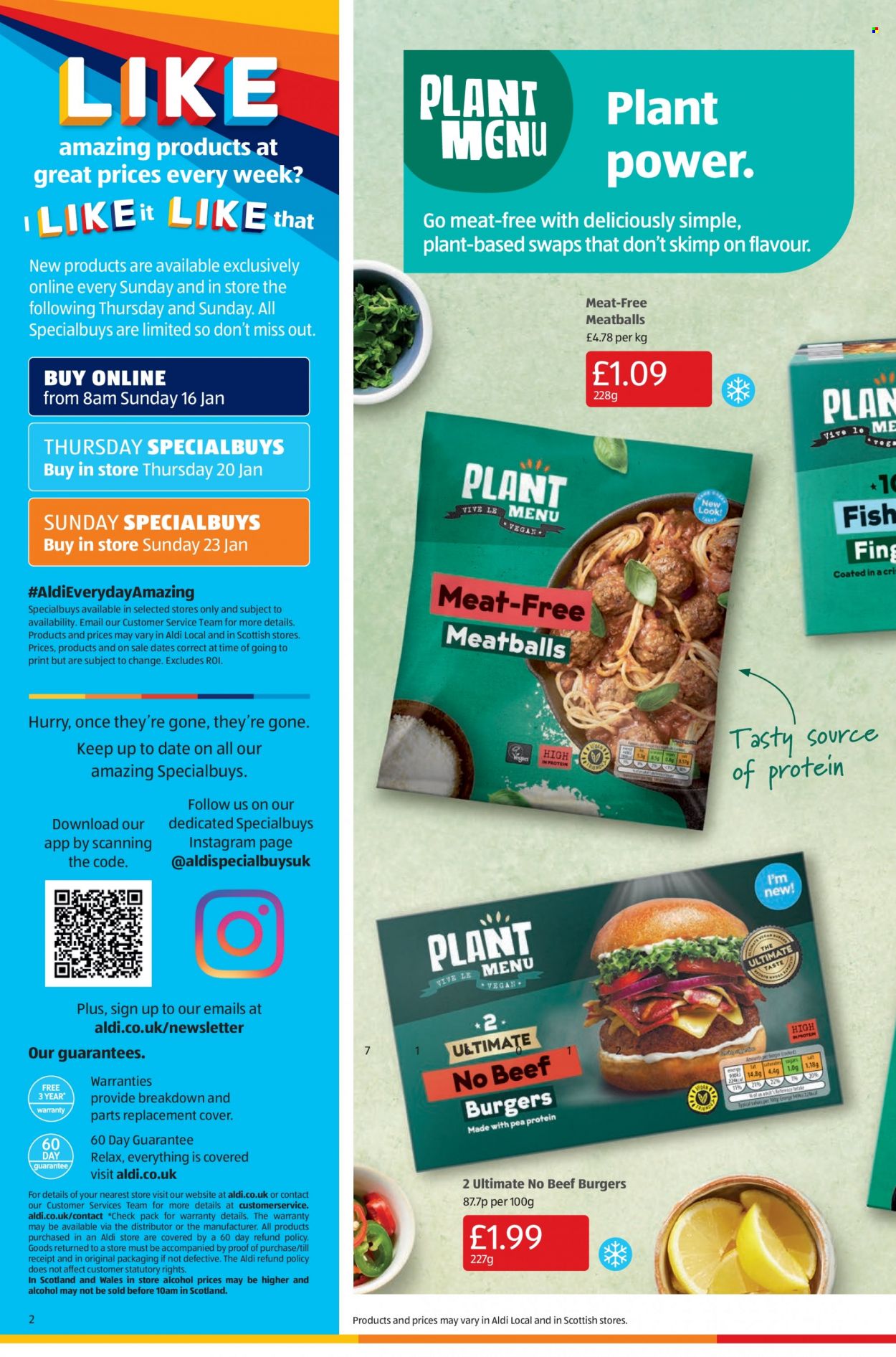 thumbnail - Aldi offer  - 16/01/2022 - 23/01/2022 - Sales products - alcohol, hamburger, meatballs, beef burger. Page 2.