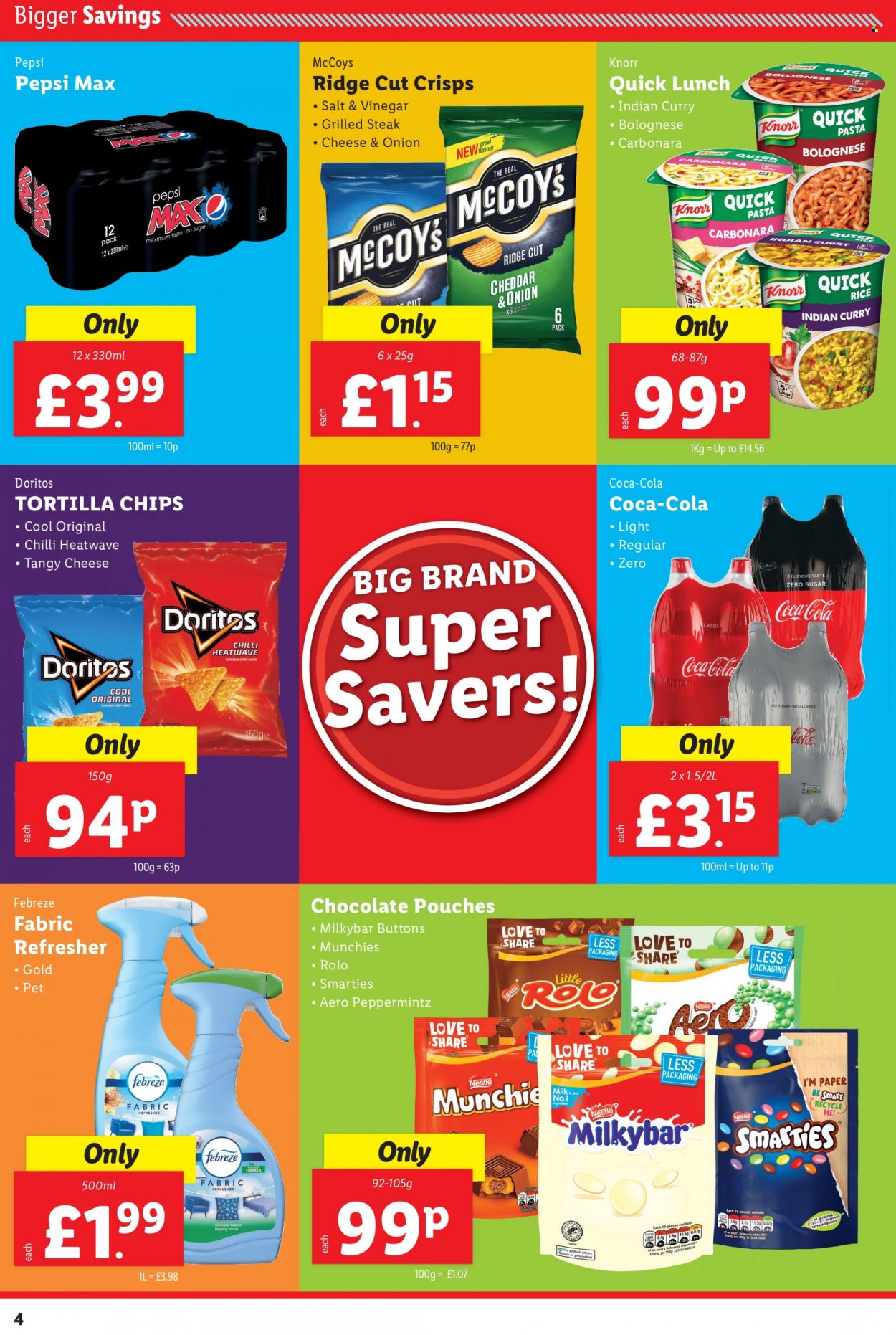 thumbnail - Lidl offer  - 20/01/2022 - 26/01/2022 - Sales products - steak, pasta, Knorr, chocolate, Smarties, milky bar, Doritos, tortilla chips, chips, rice, Coca-Cola, Pepsi, Pepsi Max, Febreze, refresher, paper. Page 4.