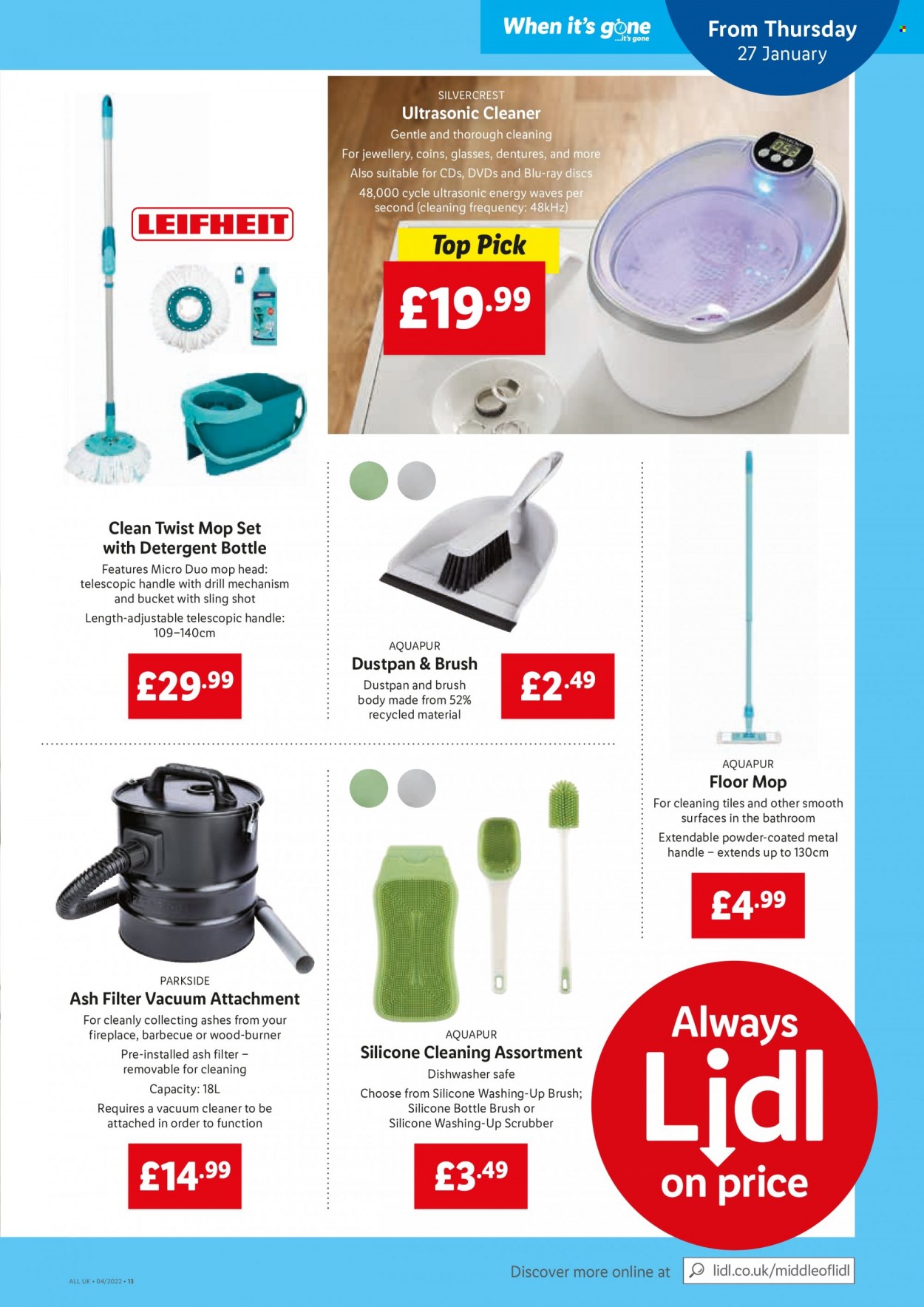 thumbnail - Lidl offer  - 27/01/2022 - 02/02/2022 - Sales products - SilverCrest, detergent, mop, dustpan & brush, bottle brush, Blu-ray, ultrasonic cleaner, Parkside, drill. Page 11.
