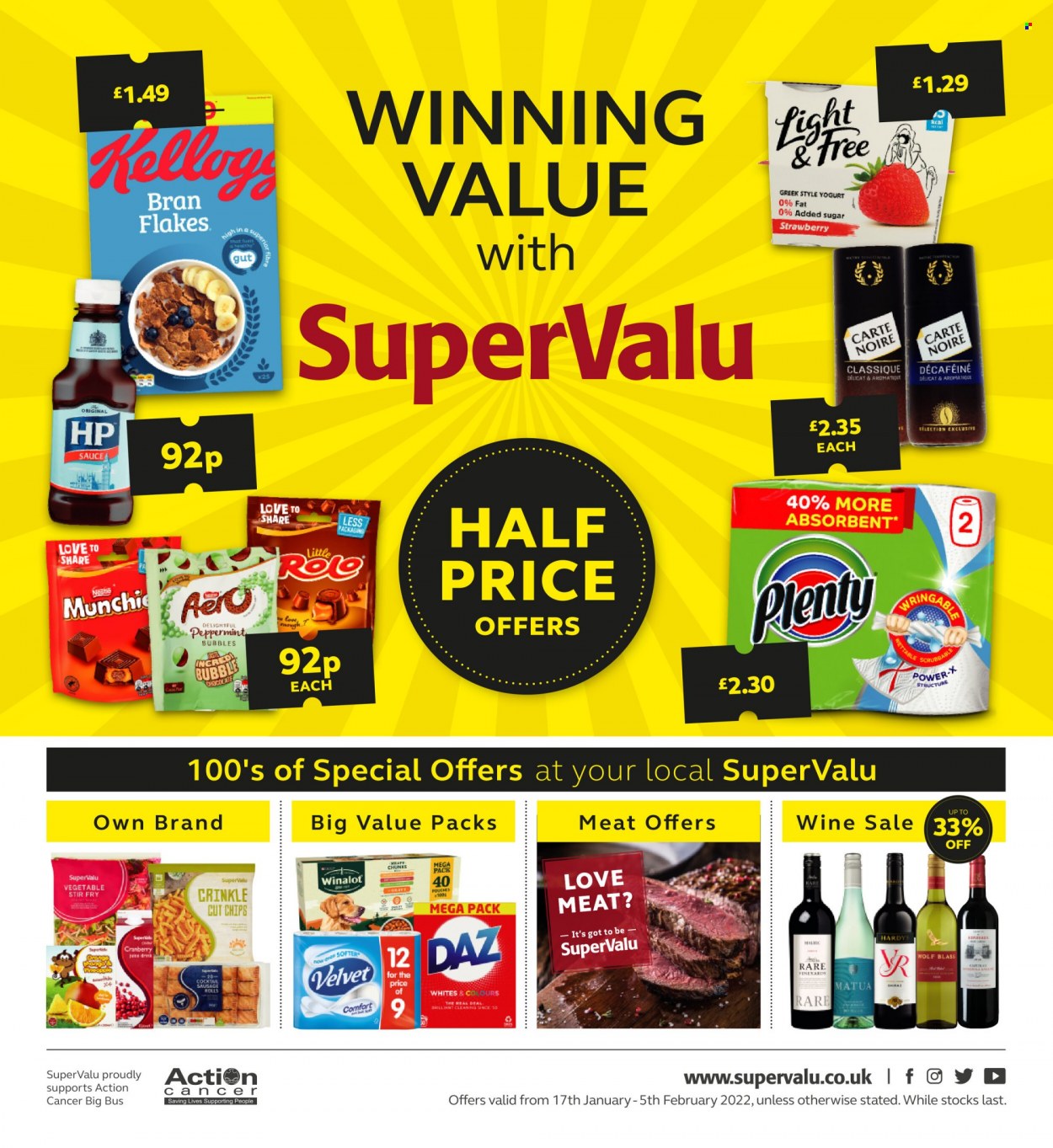 thumbnail - SuperValu offer  - 17/01/2022 - 05/02/2022 - Sales products - oranges, sauce, sausage, yoghurt, chocolate, bran flakes, Plenty, Daz Powder, Winalot. Page 1.