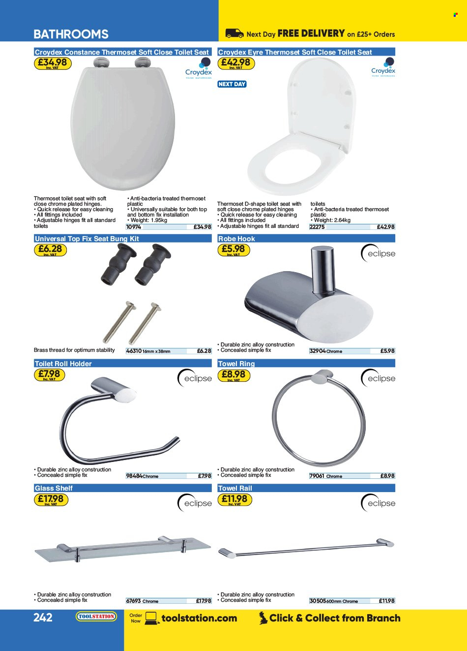 thumbnail - Toolstation offer  - Sales products - toilet seat, holder, hook, toilet roll holder, towel hanger, Eclipse. Page 242.
