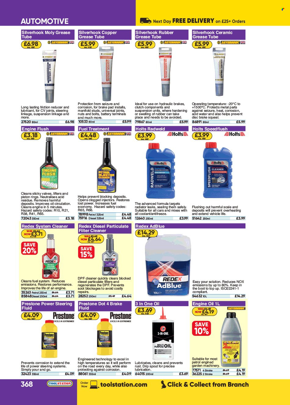thumbnail - Toolstation offer  - Sales products - brake pad, antifreeze, injector cleaner, cleaner, motor oil, Prestone, fuel supplement, brake fluid. Page 368.