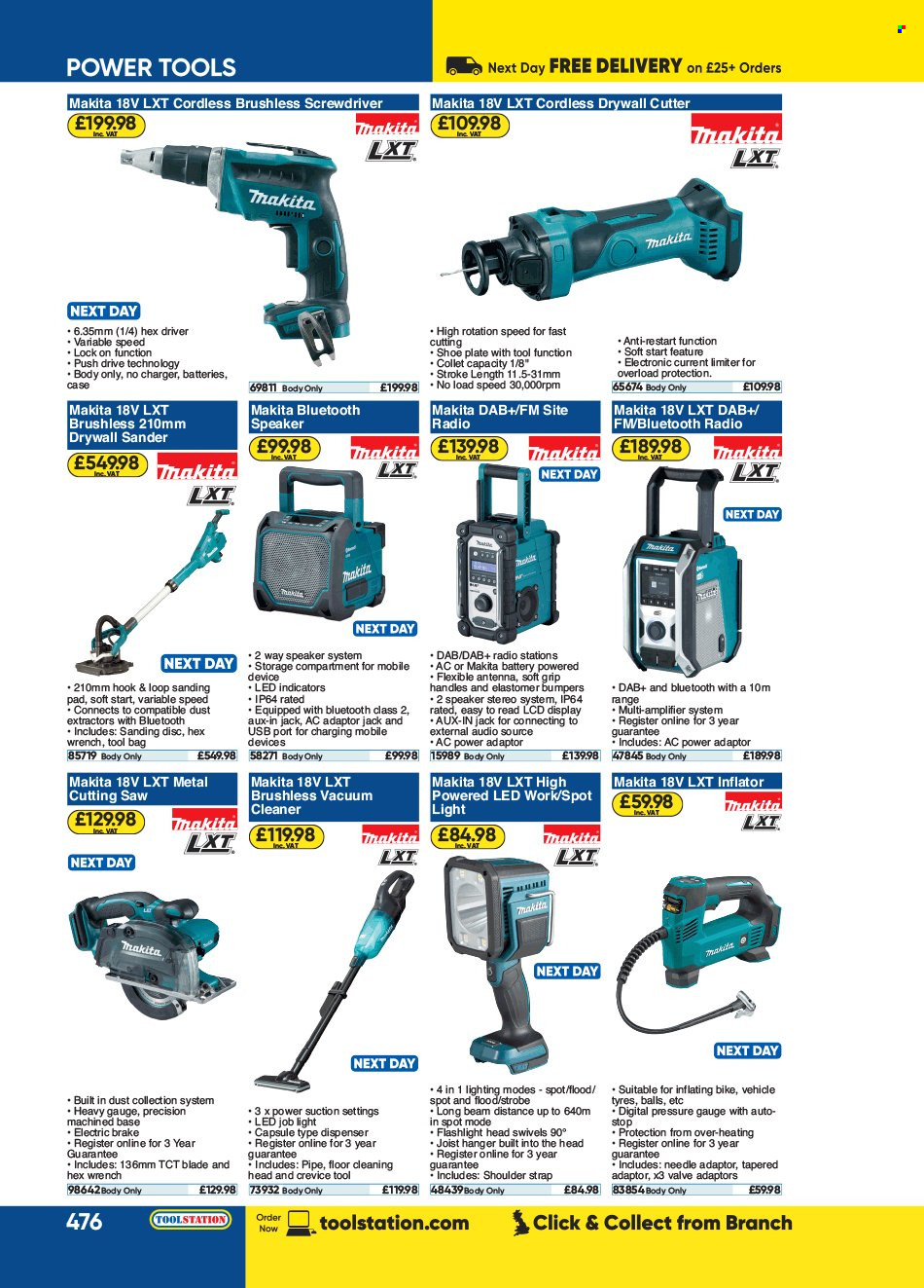 thumbnail - Toolstation offer  - Sales products - hanger, dispenser, vacuum cleaner, lighting, screwdriver, Makita, saw, cutter, radio, strap. Page 476.