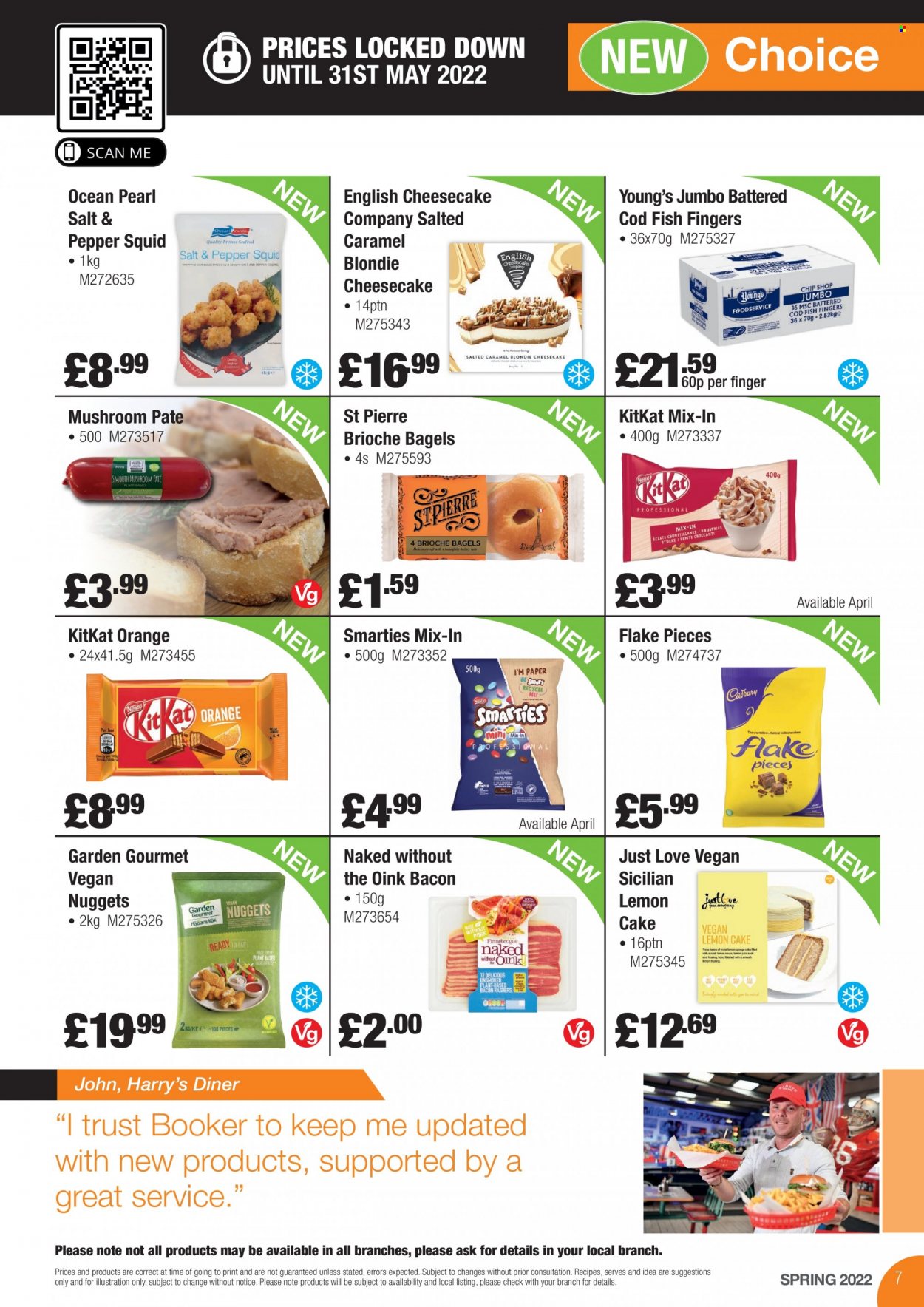 thumbnail - Makro offer  - 21/03/2022 - 31/05/2022 - Sales products - oranges, bagels, cake, brioche, cheesecake, cod, squid, fish fingers, fish, fish sticks, nuggets, bacon, Smarties, KitKat, Trust. Page 7.