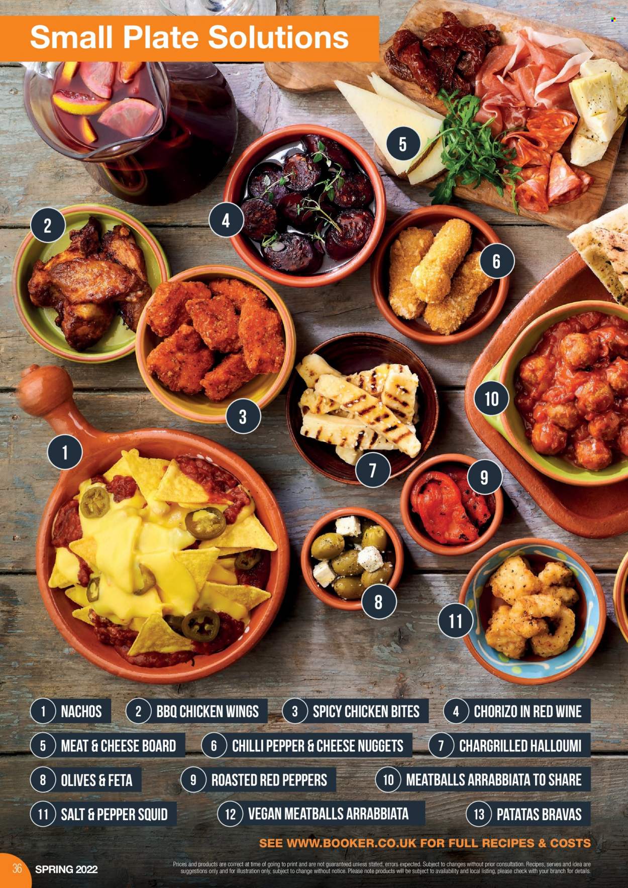 thumbnail - Makro offer  - 21/03/2022 - 31/05/2022 - Sales products - peppers, red peppers, chicken wings, squid, meatballs, nuggets, cheese nuggets, chorizo, feta, halloumi, chicken bites, olives, red wine, wine, plate, cheese board. Page 36.