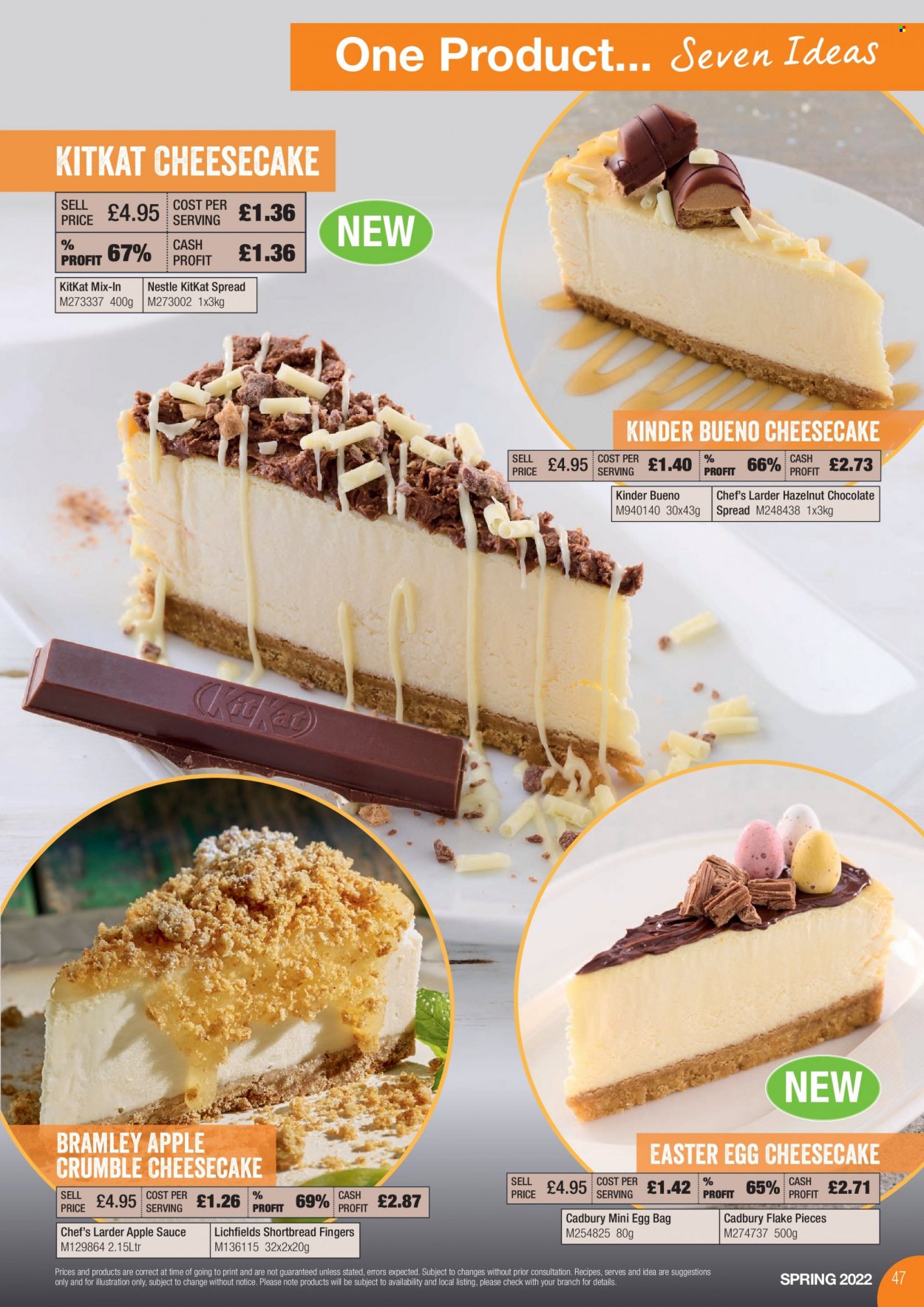thumbnail - Makro offer  - 21/03/2022 - 31/05/2022 - Sales products - cheesecake, sauce, Nestlé, candy egg, Cadbury, KitKat, Kinder Bueno, apple sauce. Page 47.